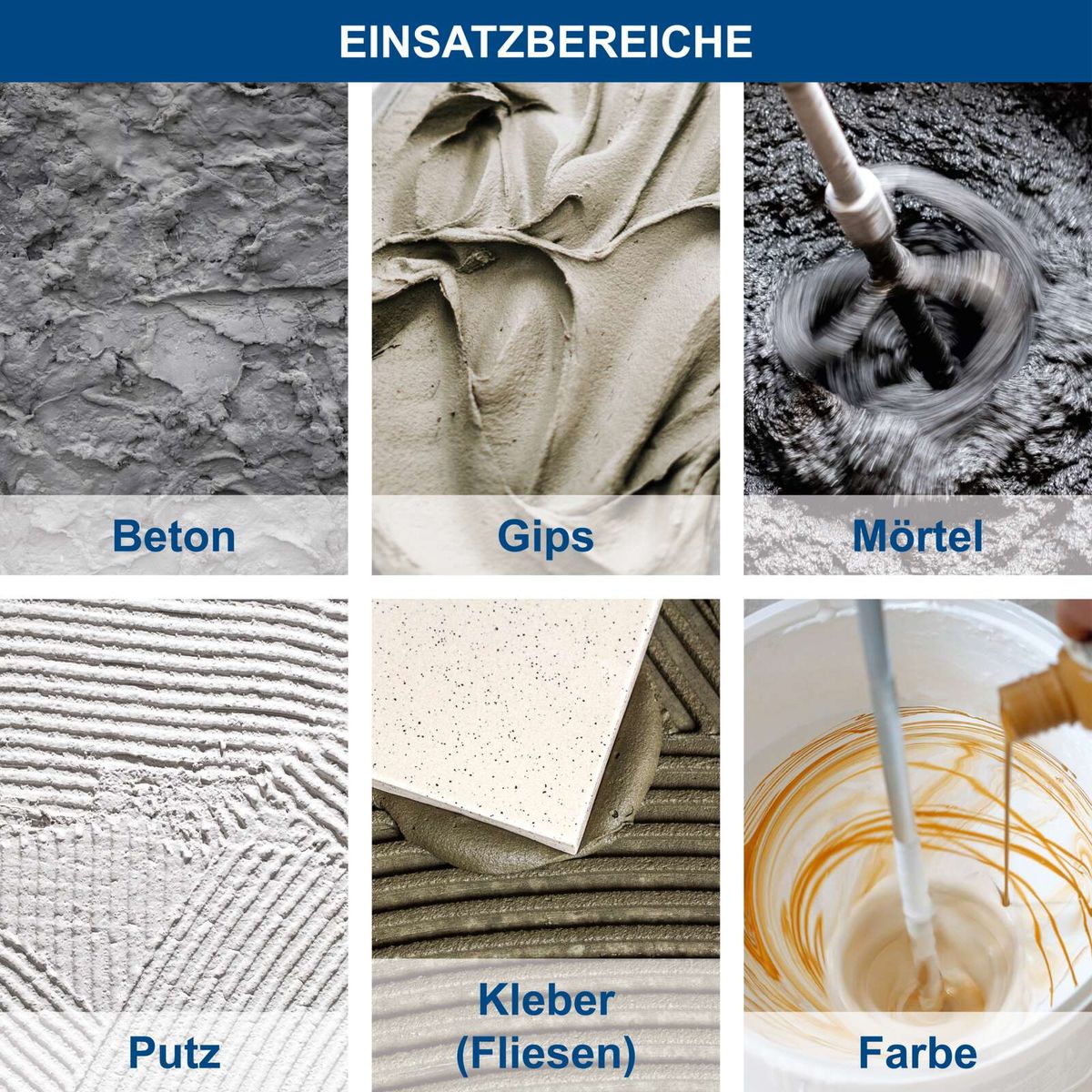 Werkzeuge für verschiedene Bau- und Verputzmaterialien: Beton, Gipskarton, Mörtel, Kleber für Fliesen, Putz und Farbe