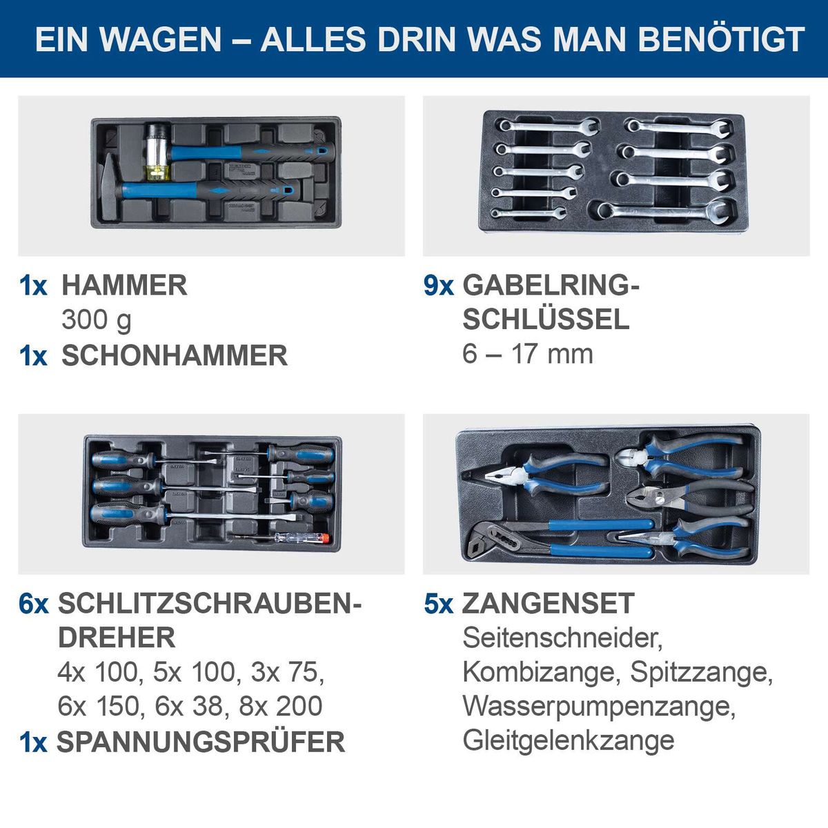Werkzeugset für Werkstattwagen mit Hammer, Schraubendreher-Set, Zangen-Set, Gabelschlüssel und Spannungsprüfer
