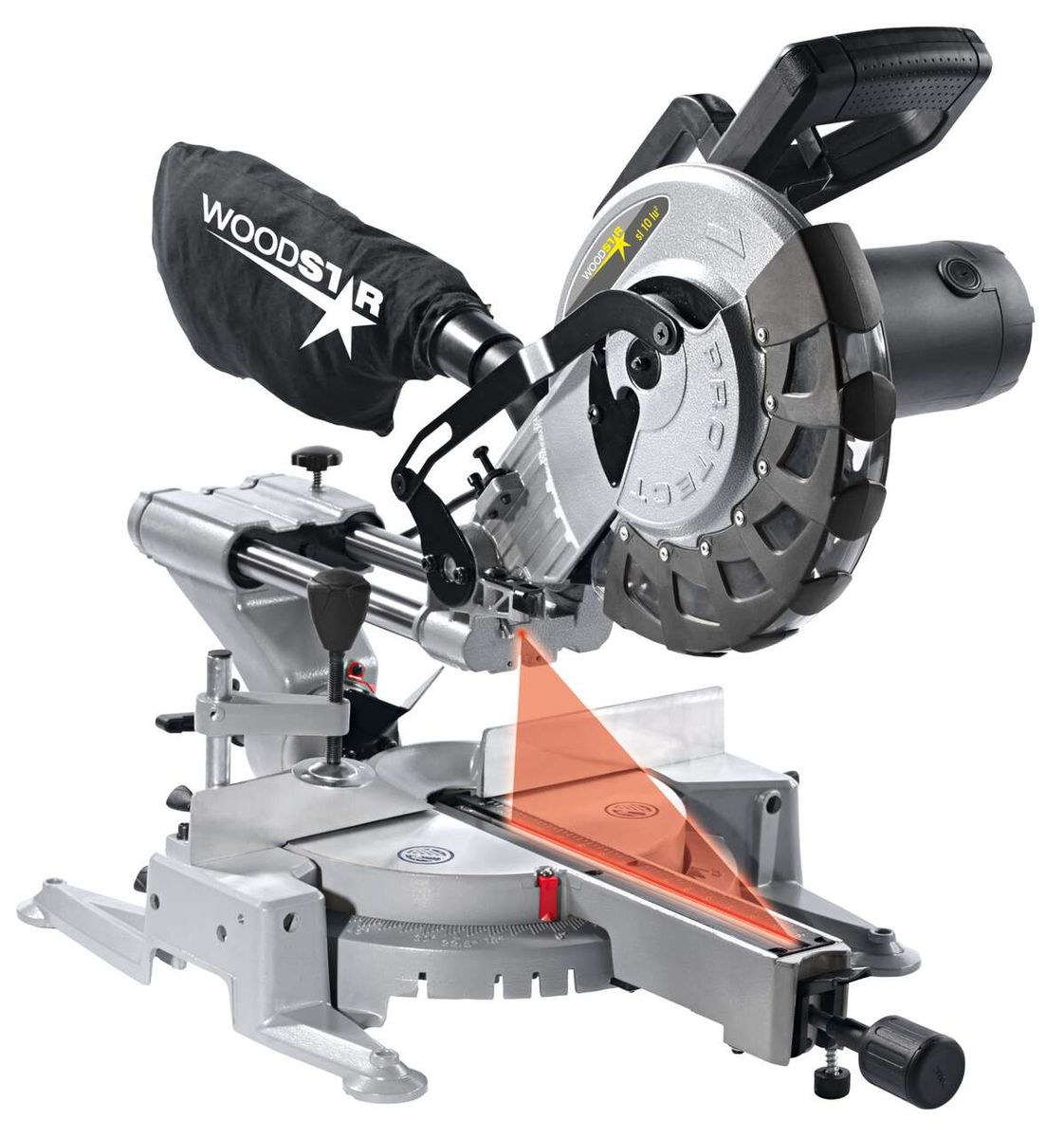 Kapp-Zugsäge sl10lu² inkl.Laser, 2.25kW 230V/60Hz - British plug. Die Säge wird von der Seite gezeigt.