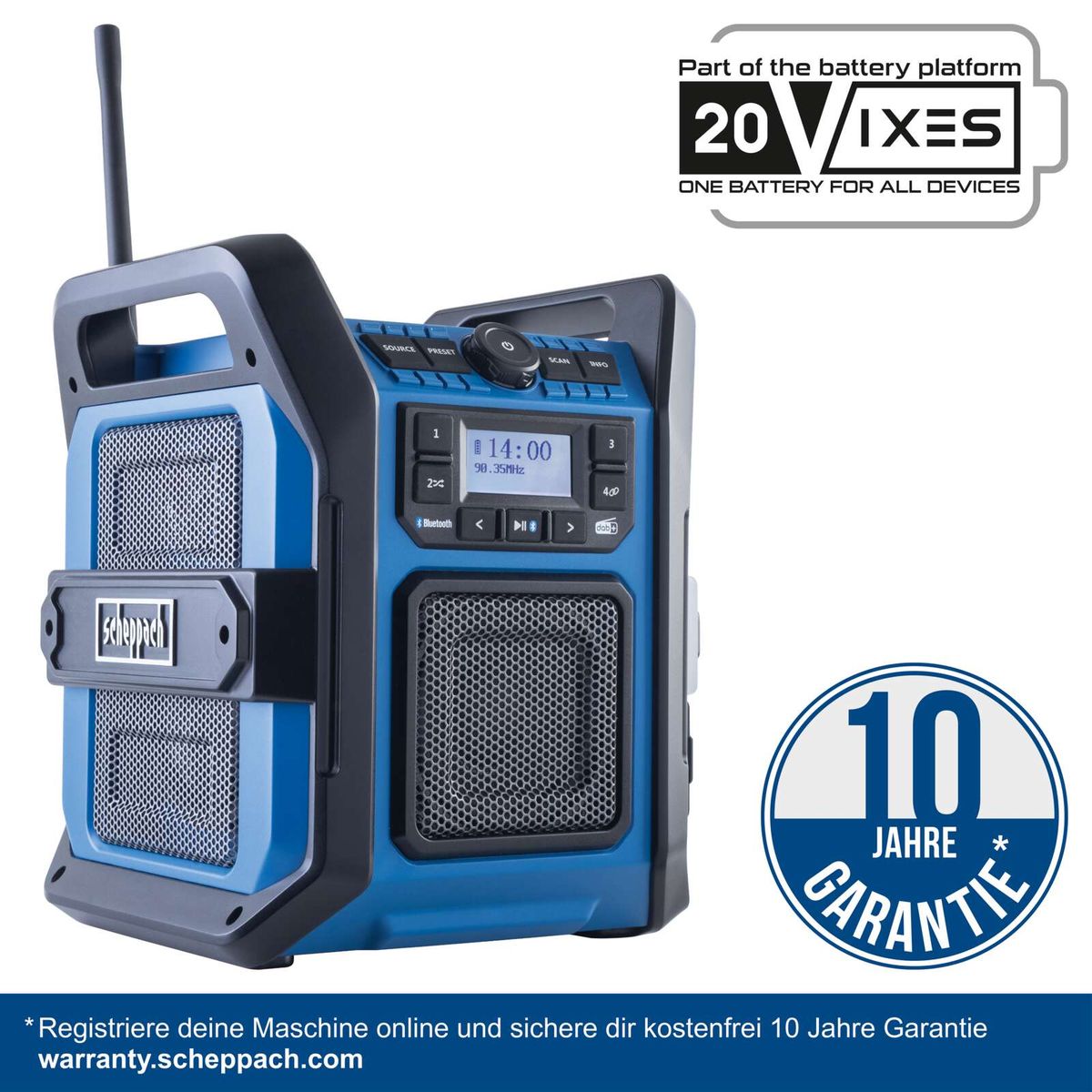 Scheppach Akku-Baustellenradio mit DAB30-X-Modell, inklusive 10-jähriger Garantie und 20Vixes-Batterieplattform