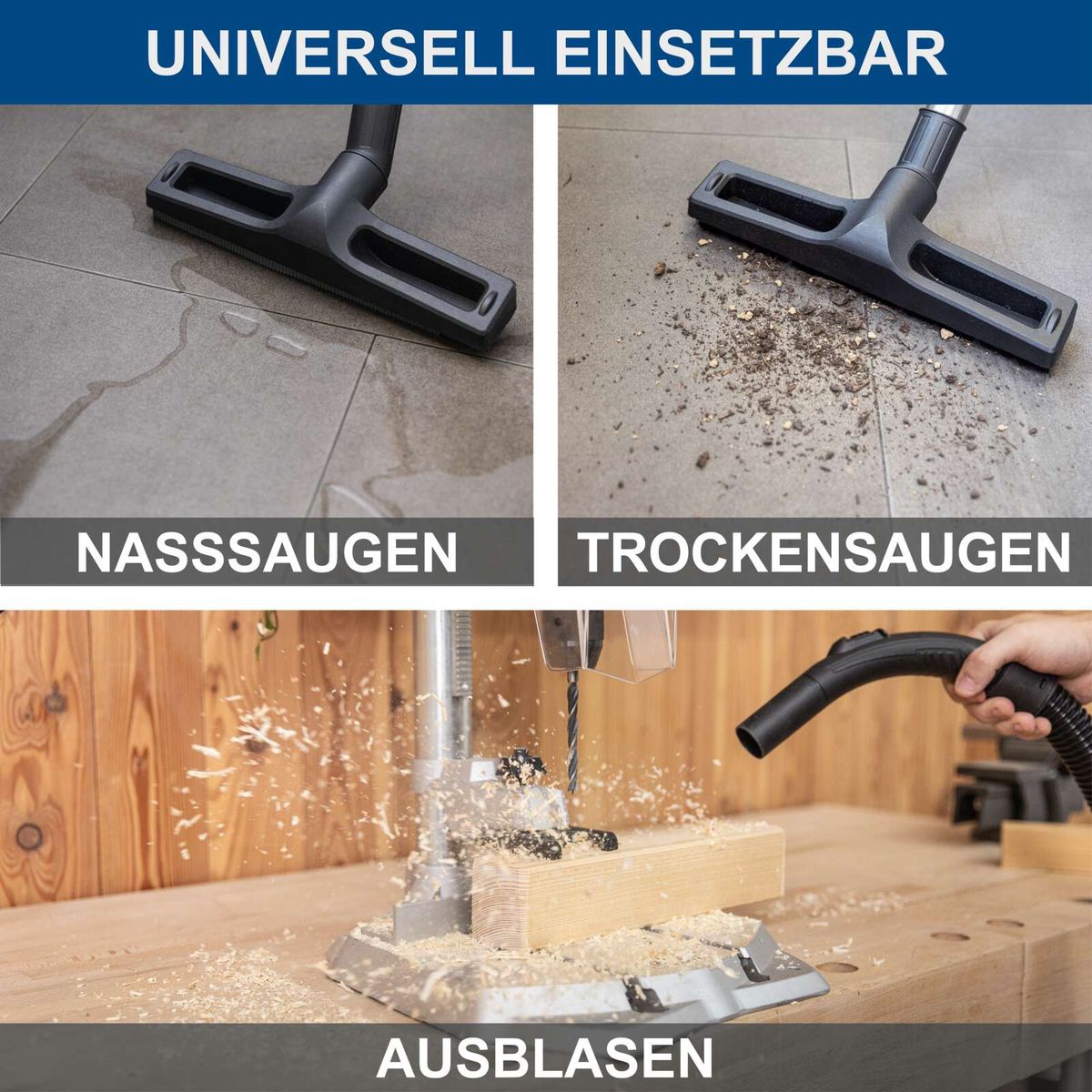 Der Elektro-Nass-/Trockensauger VC30 Premium von Scheppach bietet universelle Einsetzbarkeit. Er kann sowohl zum Nasssaugen als auch zum Trockensaugen verwendet werden. Zusätzlich verfügt er über eine Ausblasfunktion.