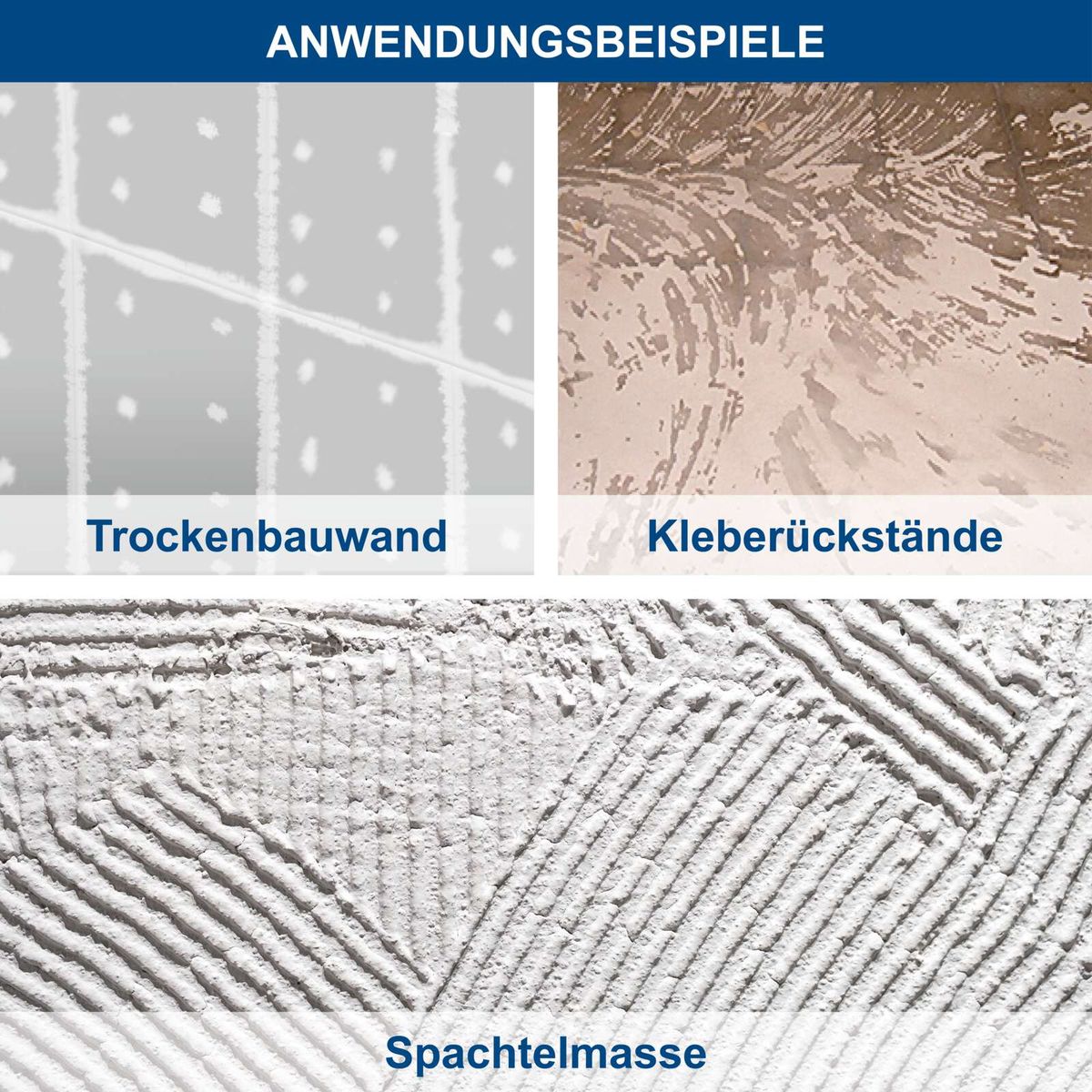 Demonstration von Trockenbauwand und Kleberückständen sowie Spachtelmasse auf der Schleiffläche