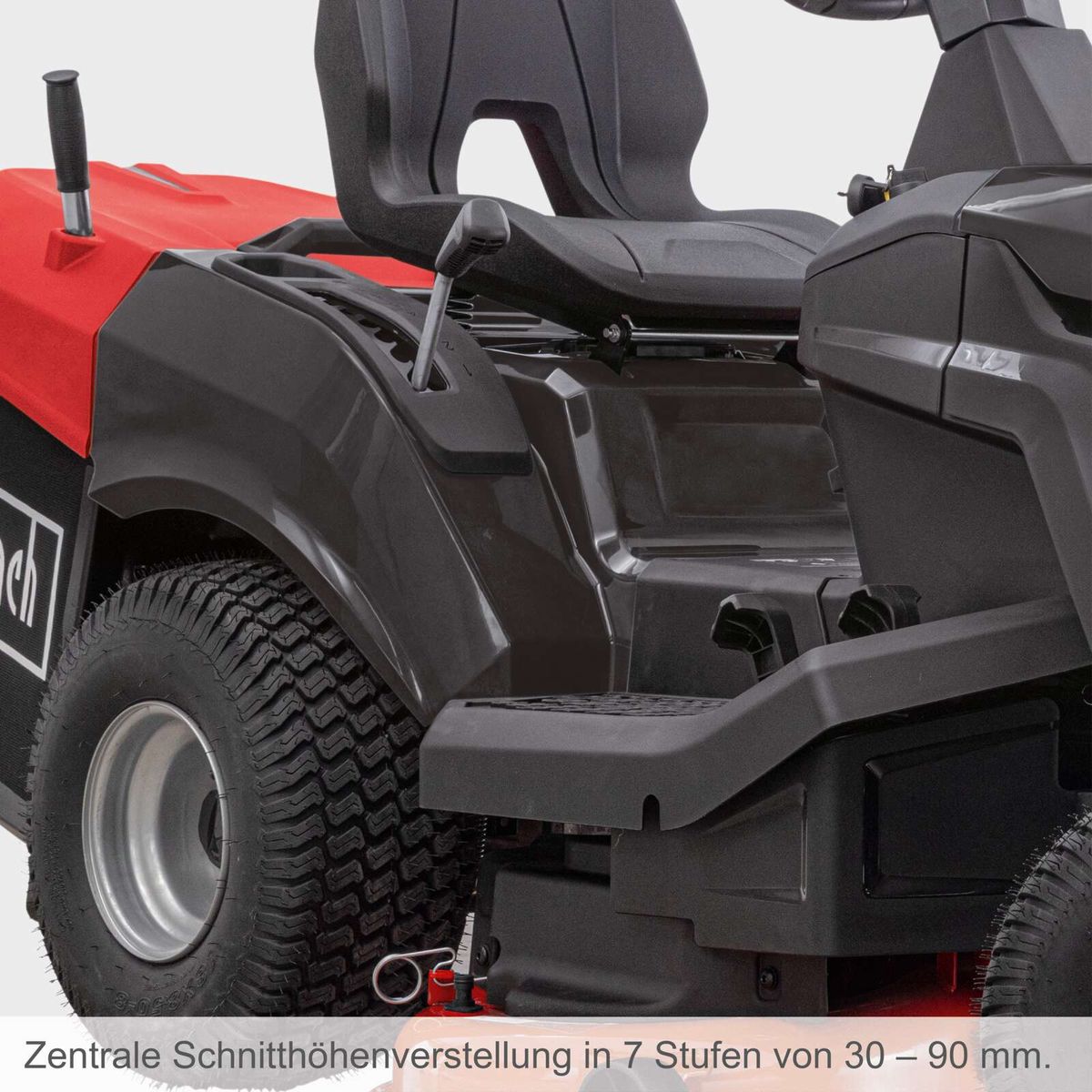 Der Benzin-Rasentraktor TMR452-98C-RD von Scheppach bietet eine zentrale Schnitthöhenverstellung in 7 Stufen von 30 bis 90 mm.