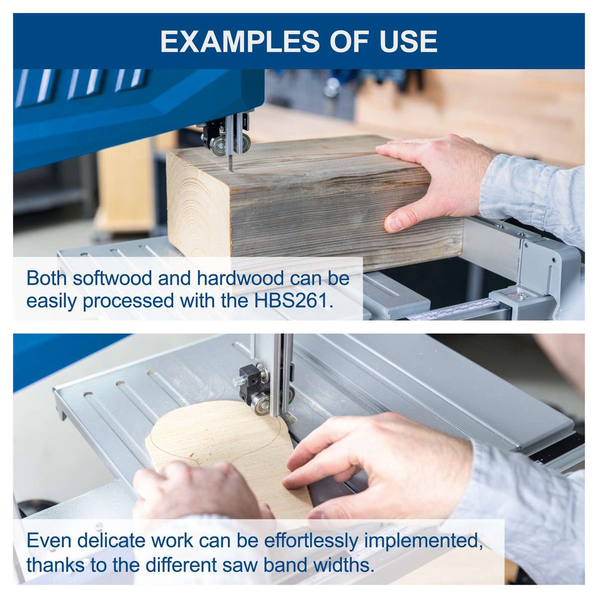The HBS261 bandsaw by Scheppach can easily process both softwood and hardwood. Thanks to the different saw band widths, even delicate work can be effortlessly implemented.