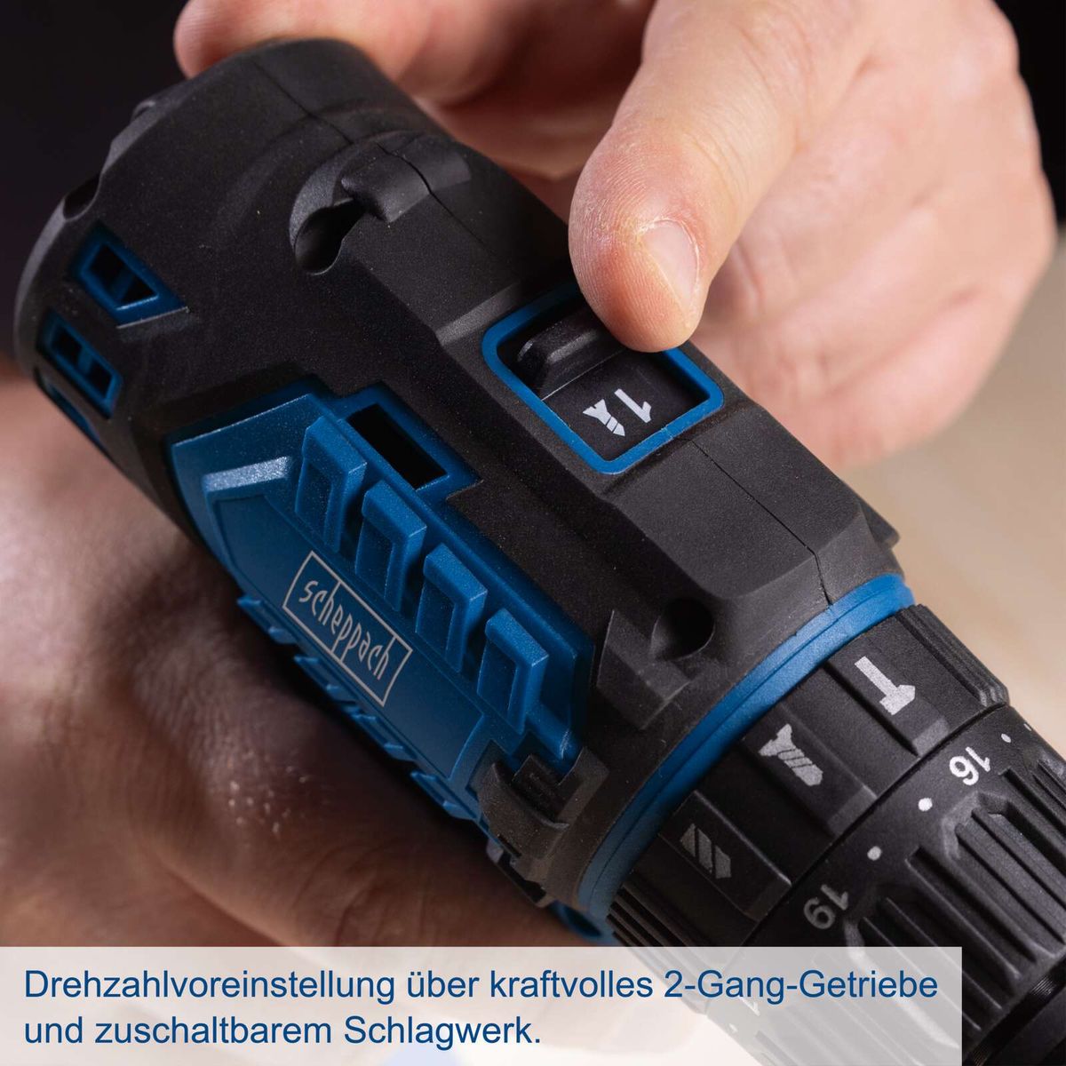 Scheppach Akku-Schlagbohrschrauber mit 2-Gang-Geschwindigkeitsregelung und einstellbarem Schlagwerk