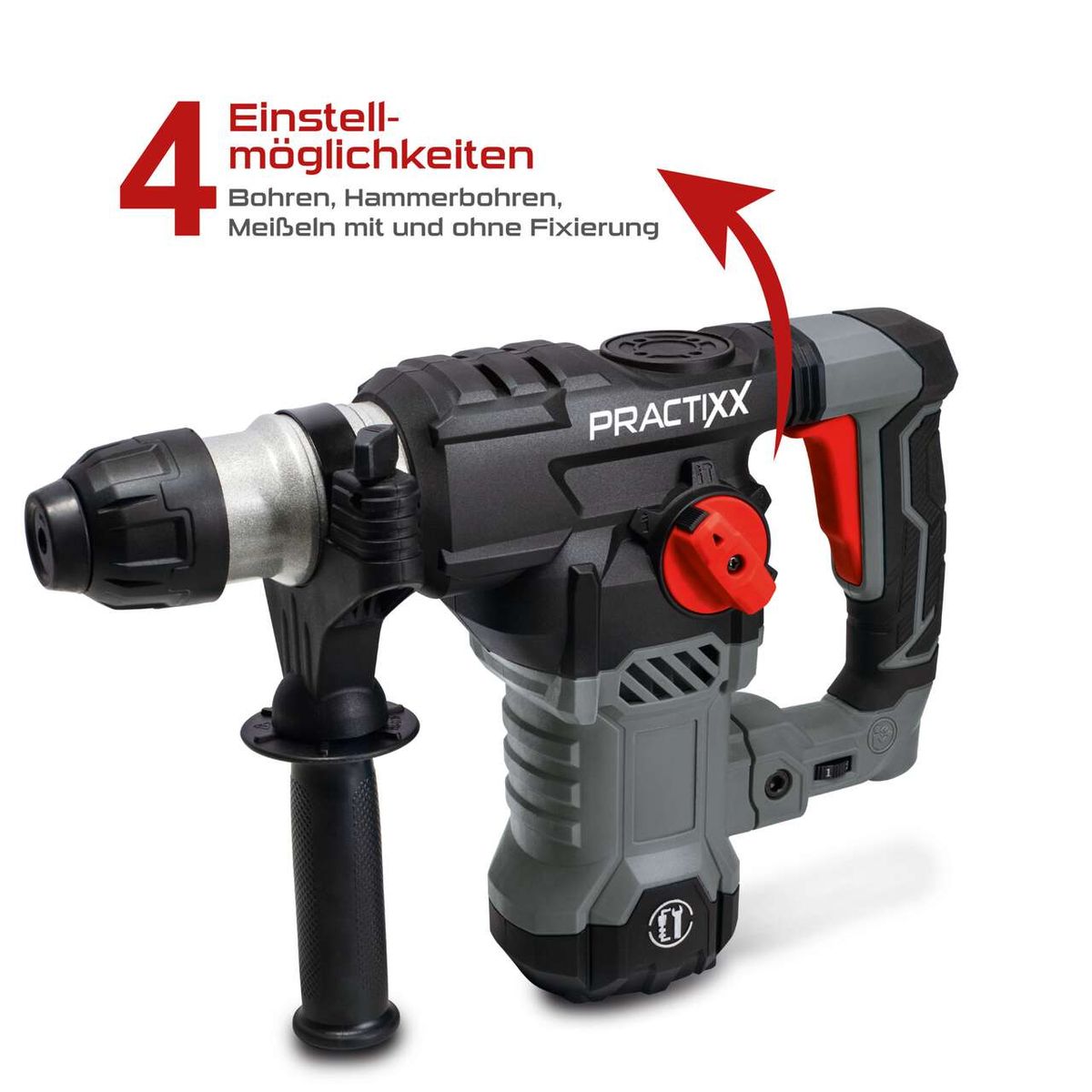 Der Bohrhammer PX-BH-7V Practixx bietet 4 Einstellmöglichkeiten: Bohren, Hammerbohren, Meißeln mit und ohne Fixierung. Er verfügt über Vario-Speed, 1500W Leistung und SDS-Plus-Aufnahme. Im Lieferumfang sind Koffer, Bohrer und Zubehör enthalten.
