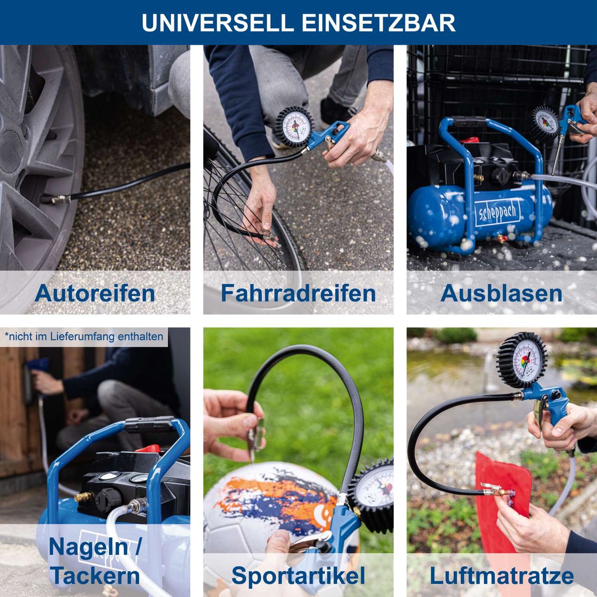 Universal einsetzbare Luftpumpe für Reifen und Matratzen mit Druckmessgerät