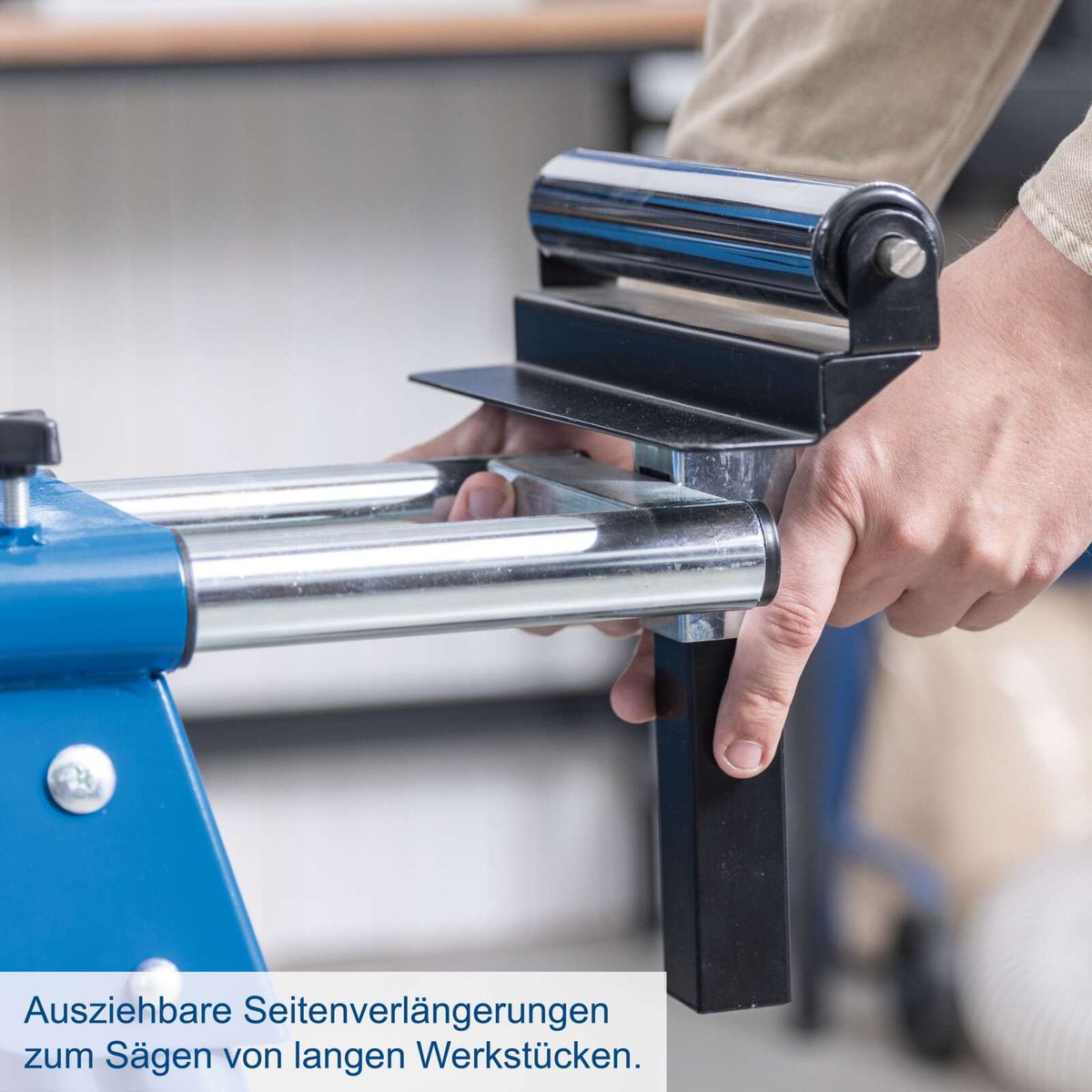 Ausziehbare Seitenverlängerungen für das Sägen langer Werkstücke auf dem Scheppach-Untergestell