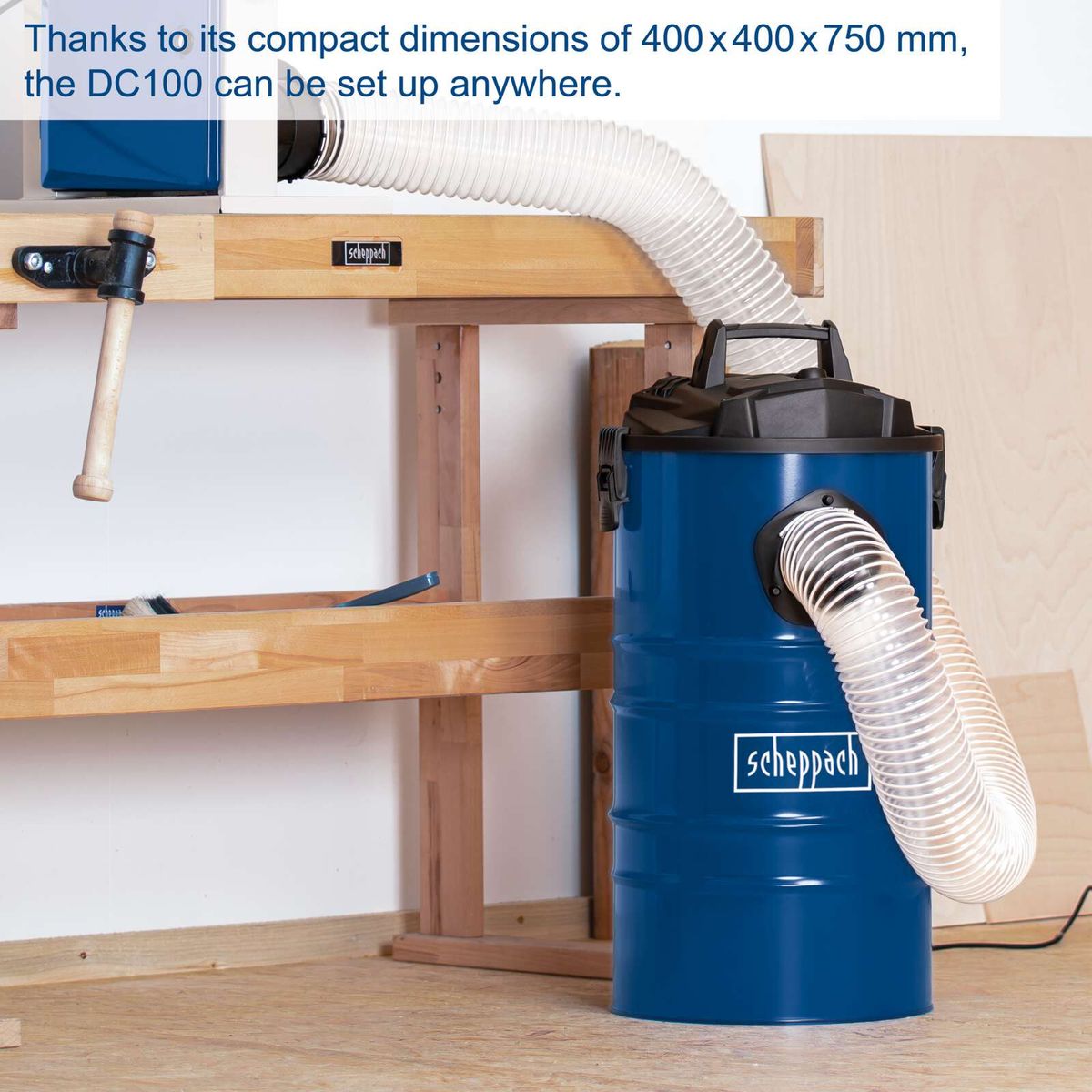 The dust collector DC100 by Scheppach has compact dimensions of 400x400x750 mm and can be set up anywhere. It features a metal container with 65 litre capacity and a 100 mm connection. Included is a 6-piece adapter set.