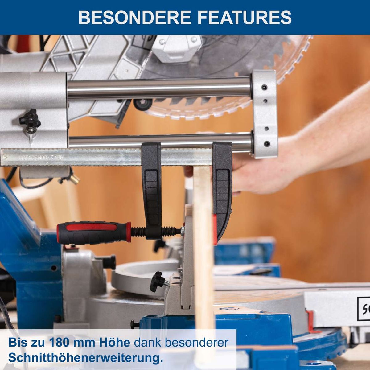 Die Kapp-Zugsäge HM305SL von Scheppach bietet eine Schnittiefe von bis zu 180 mm dank besonderer Schnittiehenerweiterung.