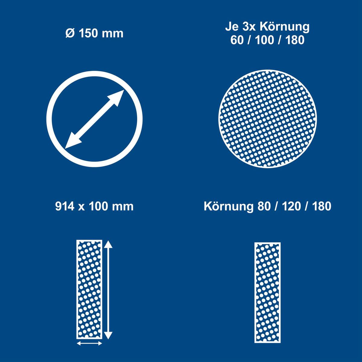 Scheppach-Schleifpapier-Set mit 150 mm Durchmesser und verschiedenen Körnungen (60, 100, 180) sowie 914 x 100 mm Schleifbänder (Körnung 80, 120, 180)