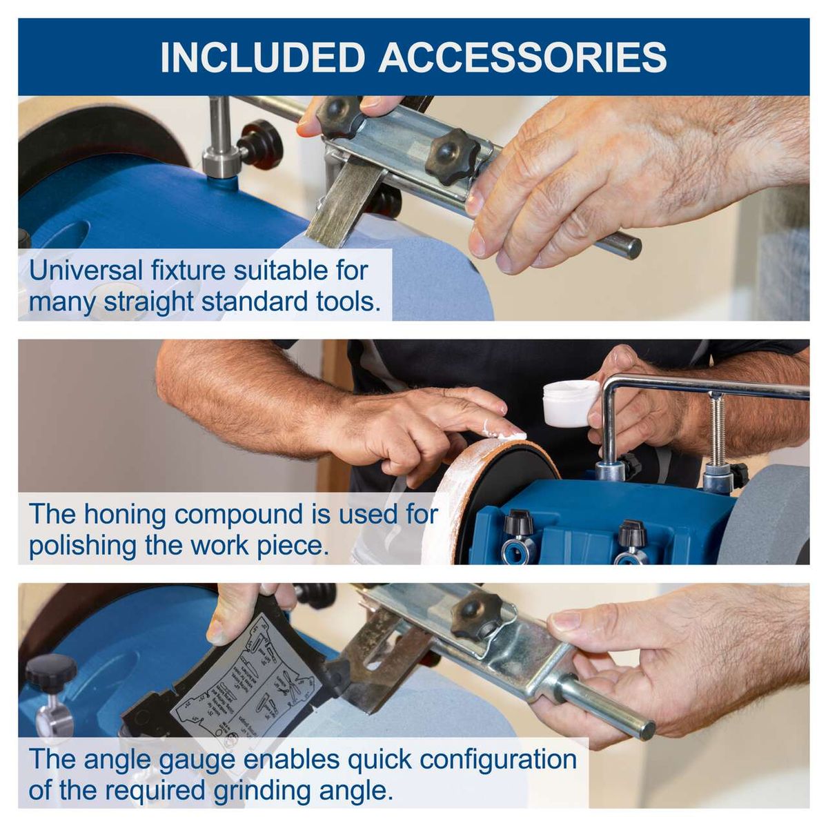 The Scheppach TIGER 2000S Whetstone Bench Grinder features a universal fixture suitable for many straight standard tools, a honing compound for polishing the workpiece, and an angle gauge for quick configuration of the required grinding angle.