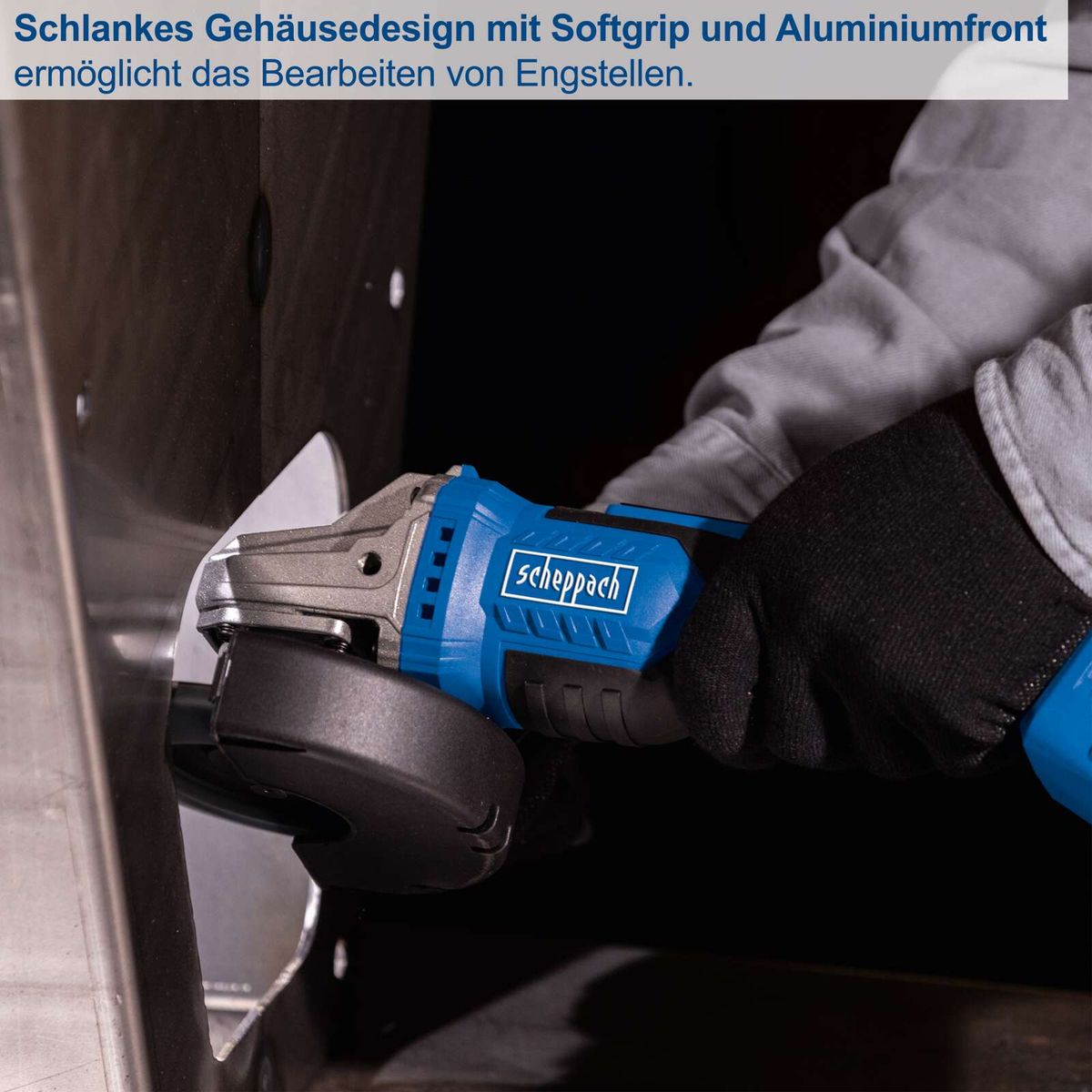 Schlankes Gehäusedesign mit Softgrip und Aluminiumfront ermöglicht das Bearbeiten von Engstellen.