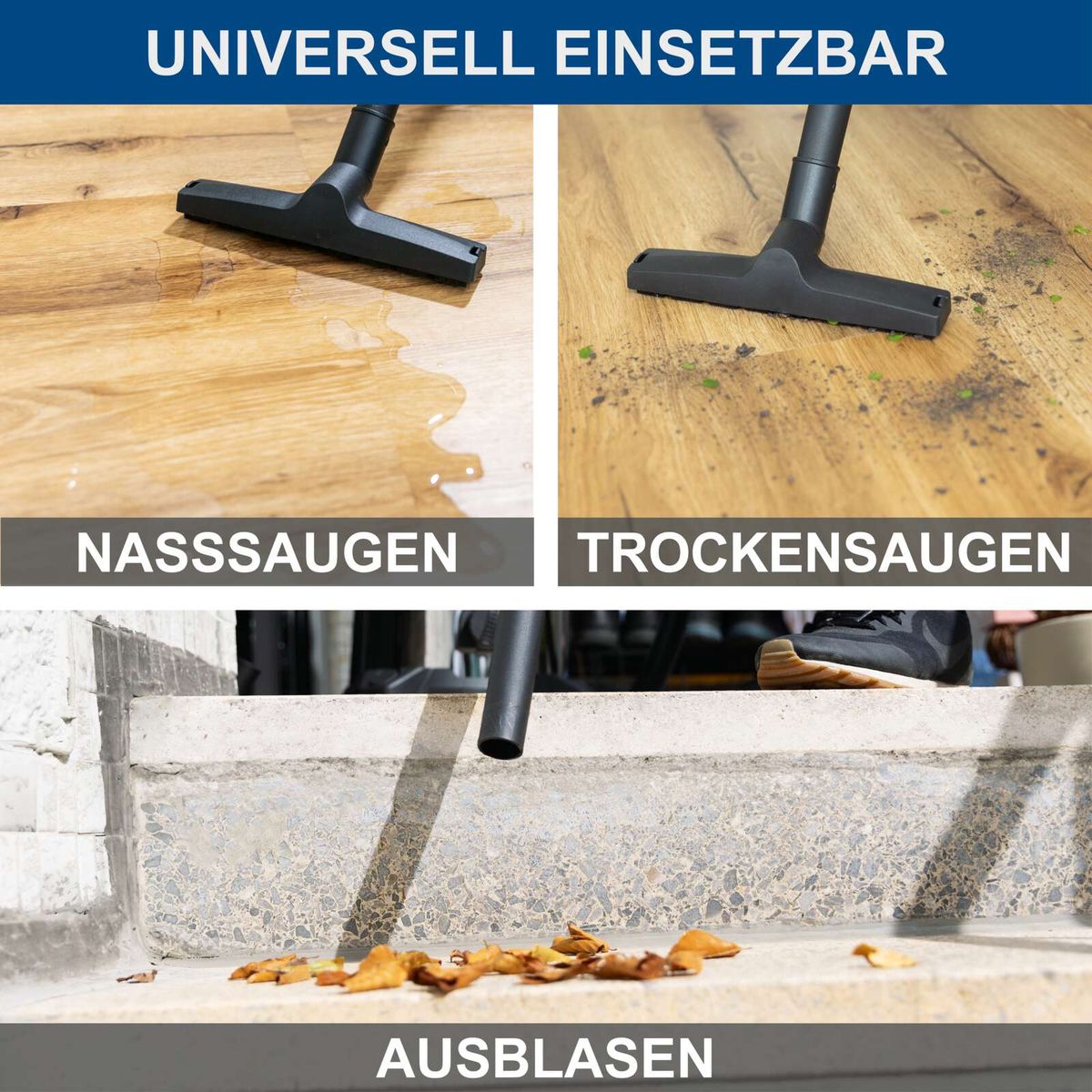 Der Elektro-Nass-/Trockensauger VC30V2 von Scheppach bietet universelle Einsetzbarkeit mit drei Funktionen: Nasssaugen, Trockensaugen und Ausblasen. Ideal für verschiedene Reinigungsaufgaben.