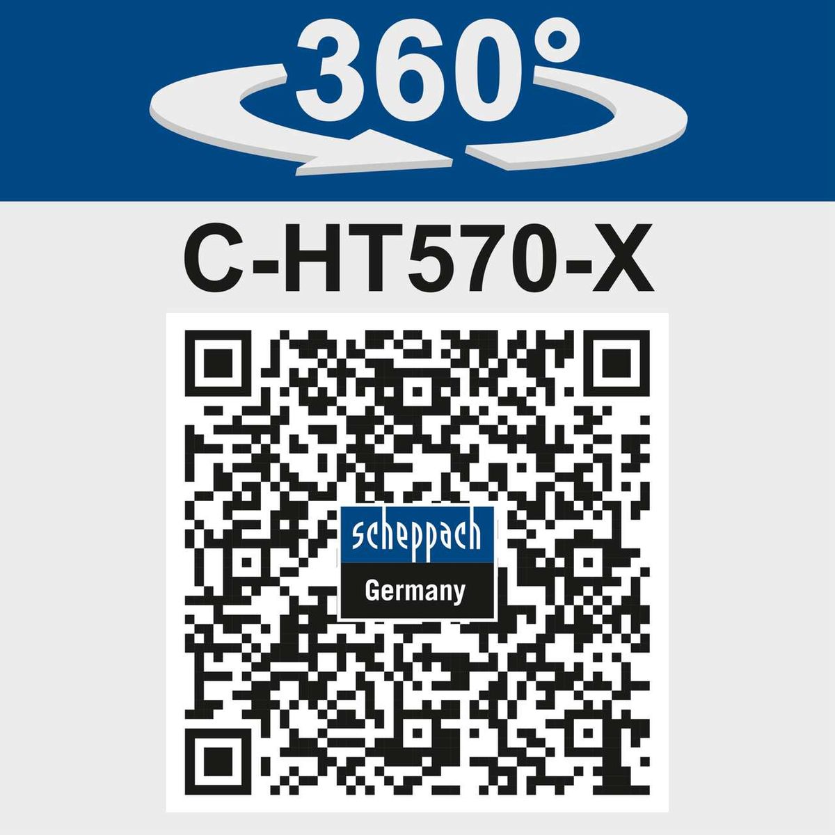 The cordless hedge trimmer C-HT570-X features a 360° swivel range for versatile use. Product code: C-HT570-X. Manufacturer: Scheppach, Germany.