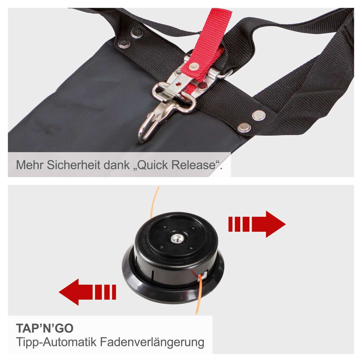 Schnellentlastungssystem 'Quick Release' für Seilzug und automatische Fadenverlängerung durch Tippen