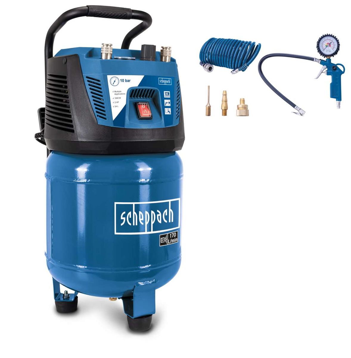 Kompressor HC25V scheppach (DIY) mit Zubehör: Schlauch, Druckmesser und Anschlüsse.