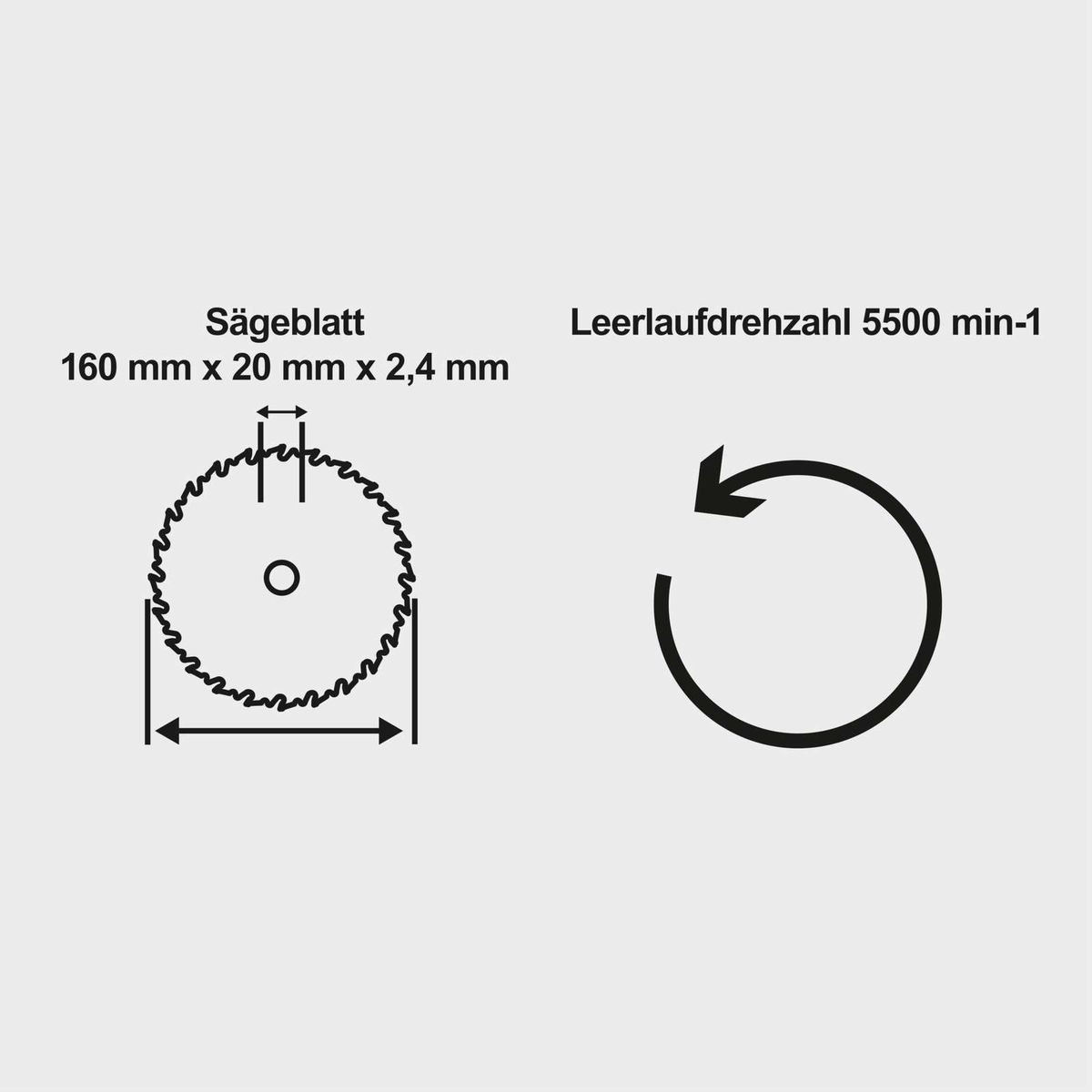 Illustration eines Sägeblattes mit Maßen 160 mm × 20 mm und Drehzahlangabe für die Tauchsäge TAS55-BE