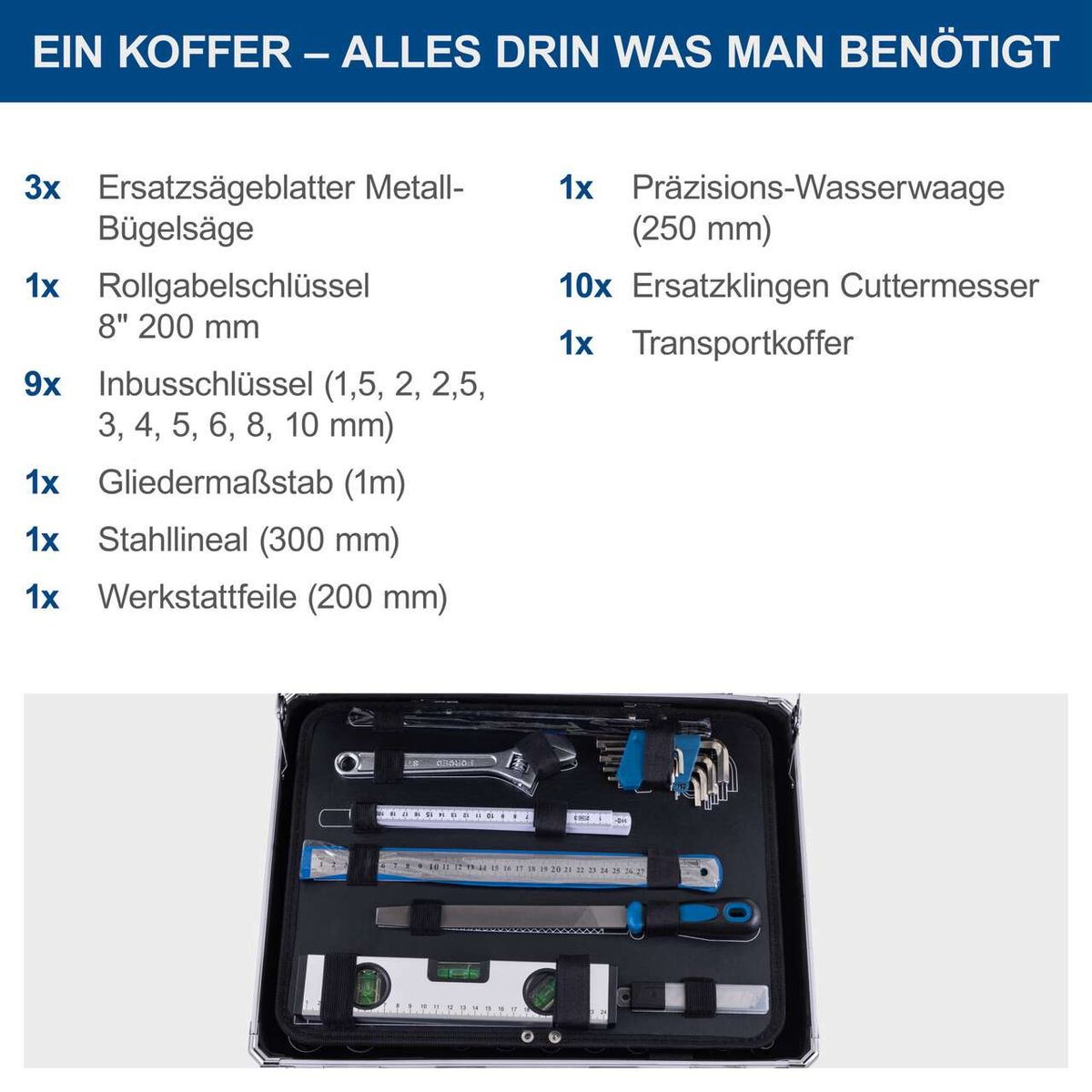 Werkzeugkoffer TB200 mit Ersatzblättern für Metallbügelsäge, Inbusschlüssel, Messwerkzeuge und Präzisionswaage inkl. Transportkoffer