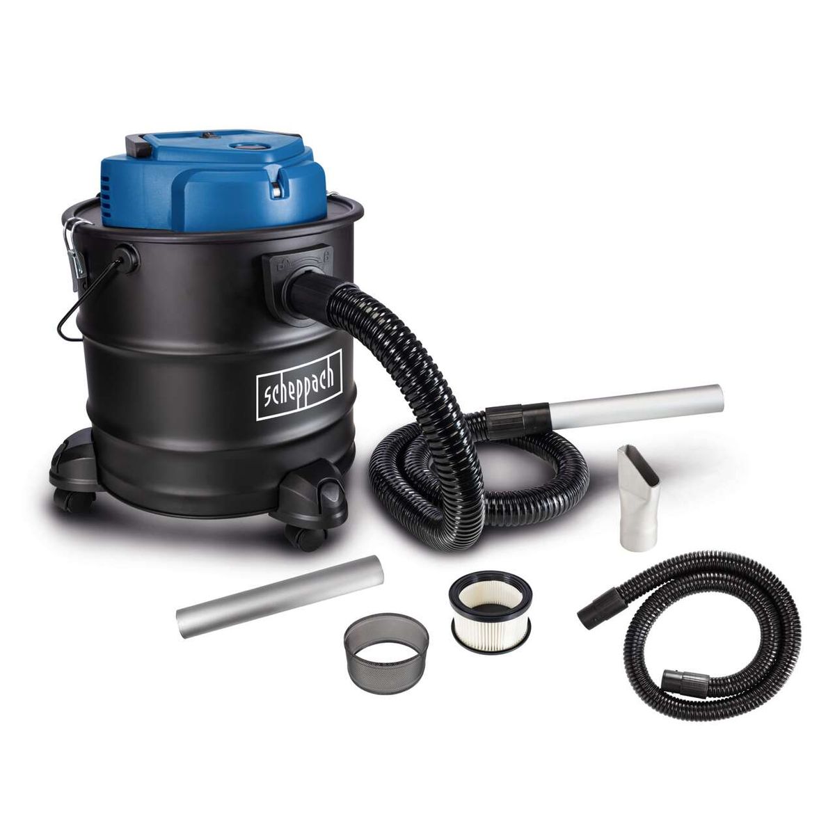 Aschesauger AVC20 Scheppach mit 1200W Leistung, 20 kPa Saugkraft, 20L Behälter, 1,5m feuerfestem Schlauch, inkl. Fahrvorrichtung und Zubehör für Kamin, Grill, Holzofen.