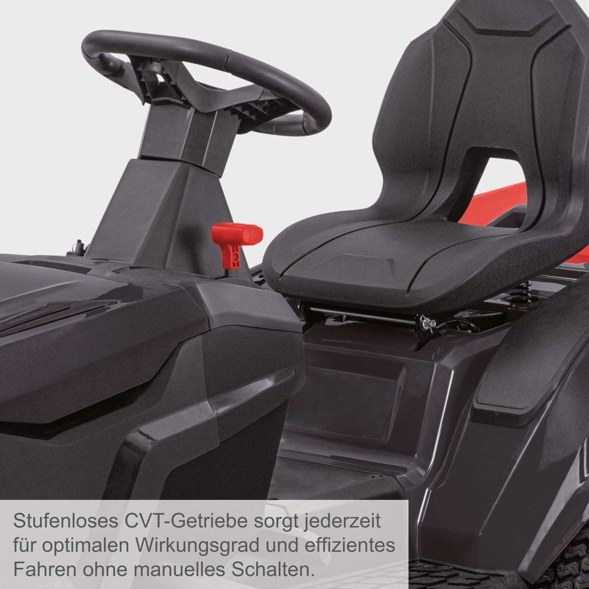 Der Benzin-Rasentraktor TMR452-98C-RD von Scheppach verfügt über ein stufenloses CVT-Getriebe, das für optimalen Wirkungsgrad und effizientes Fahren ohne manuelles Schalten sorgt.