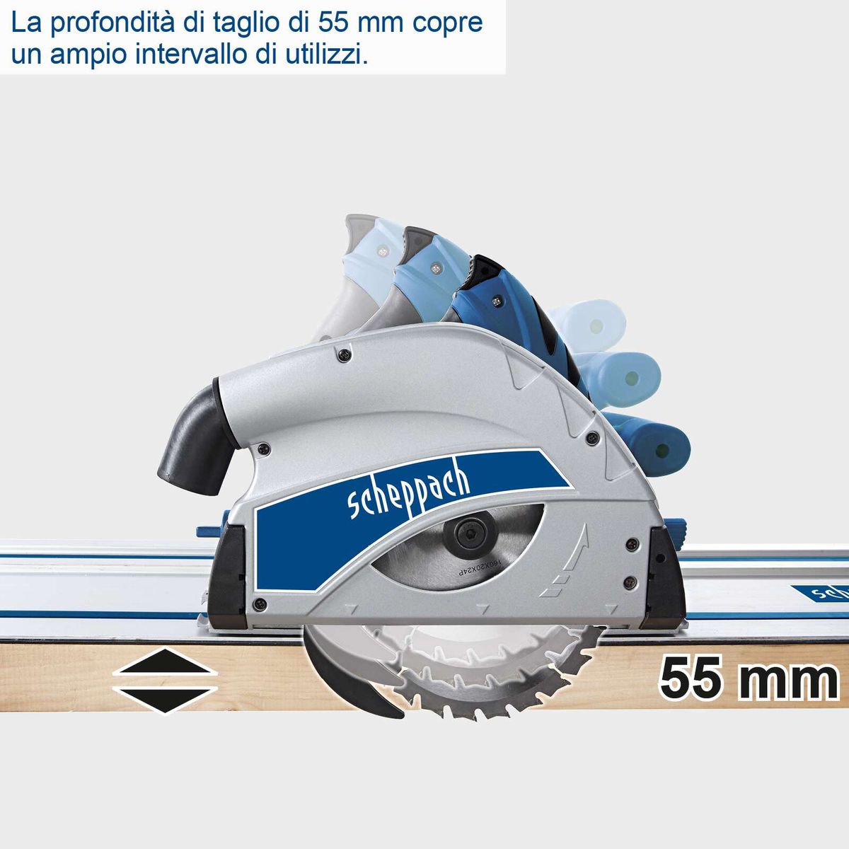 Die Tauchsäge PL55 von Scheppach hat eine Schnittiefe von 55 mm. Sie verfügt über eine 160 mm große Sägeblatt und eine Leistung von 1200 W. Die Säge wird mit zwei 700 mm langen Führungsschienen geliefert.