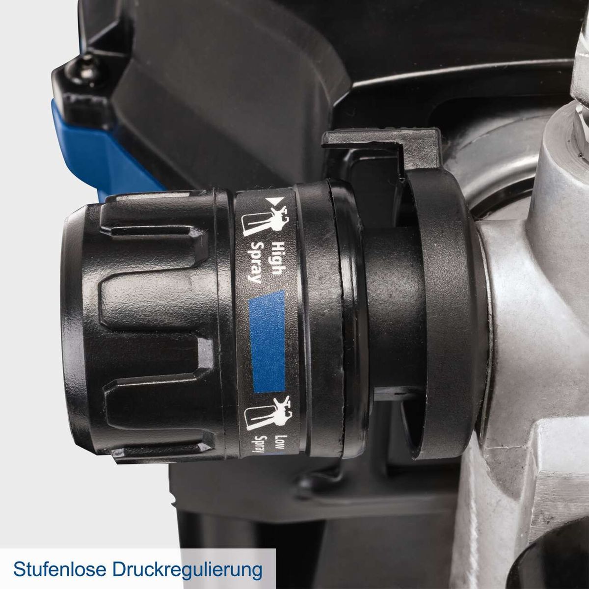 Das Farbsprühsystem ACS3000 von Scheppach verfügt über eine stufenlose Druckregulierung für präzise Kontrolle. Es bietet verschiedene Sprühmodi wie Nebel, Hoch und Niedrig für flexible Anwendung.