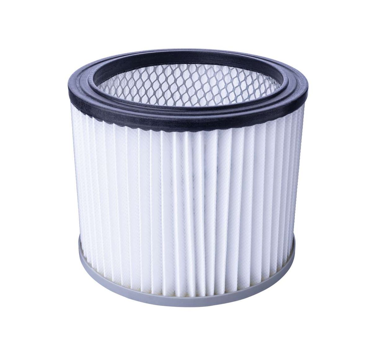 Faltenfilter ASP50-ES von Scheppach, gezeigt von vorne. Zylindrischer Filter mit vertikalen Falten und einem schwarzen Rand.