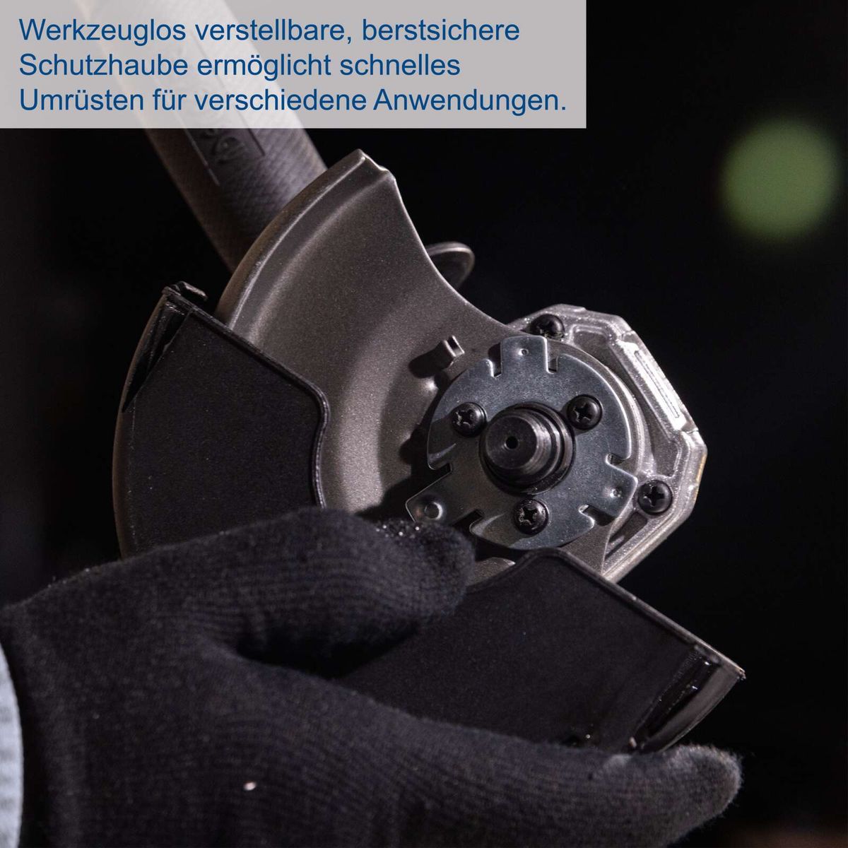 Akku-Winkelschleifer mit verstellbarem Schutzhaubelement für schnelle Anpassung