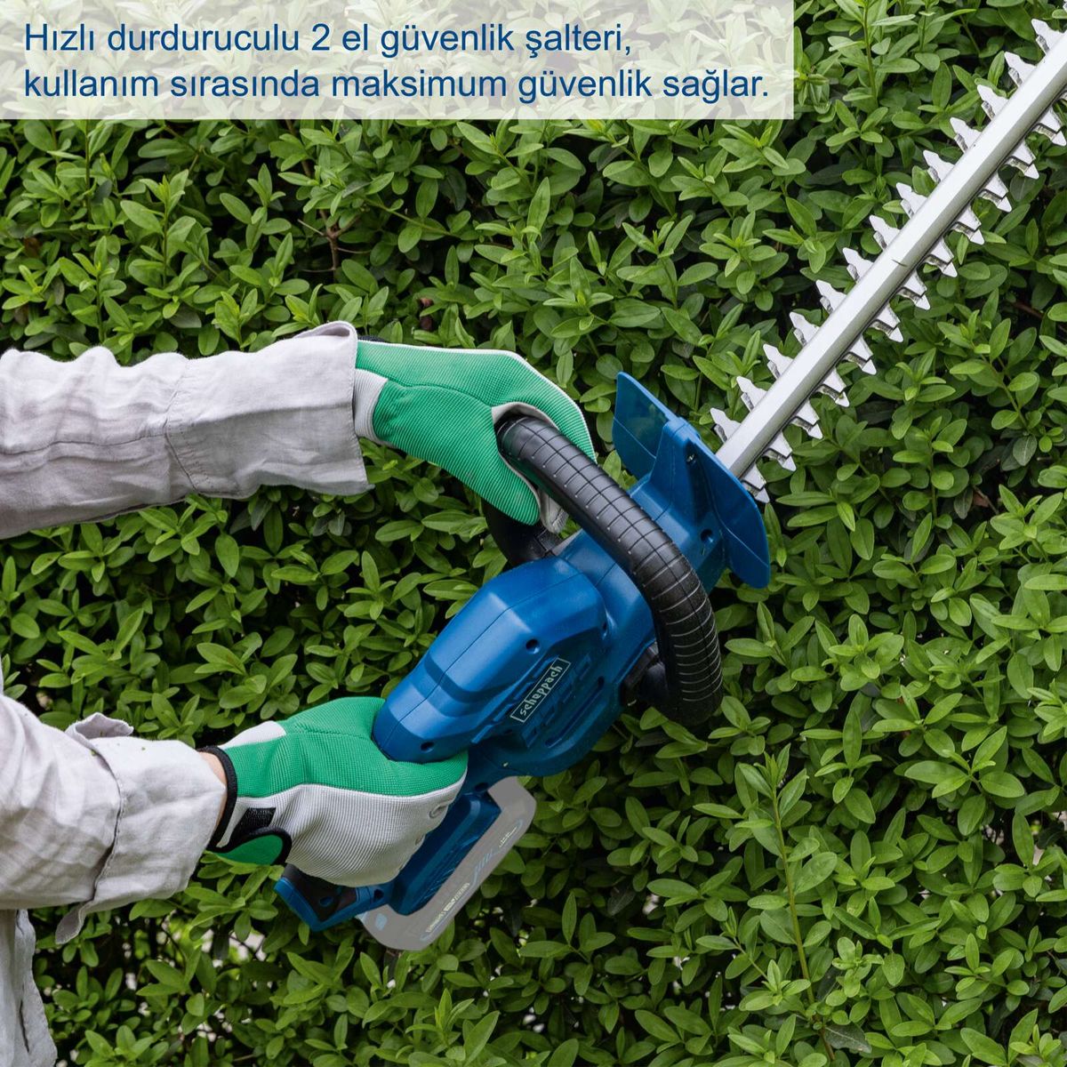 Die Akku-Heckenschere C-HT570-X von Scheppach verfügt über einen schnellen Stoppmechanismus und einen 2-Hand-Sicherheitsschalter, der maximale Sicherheit während der Nutzung bietet.