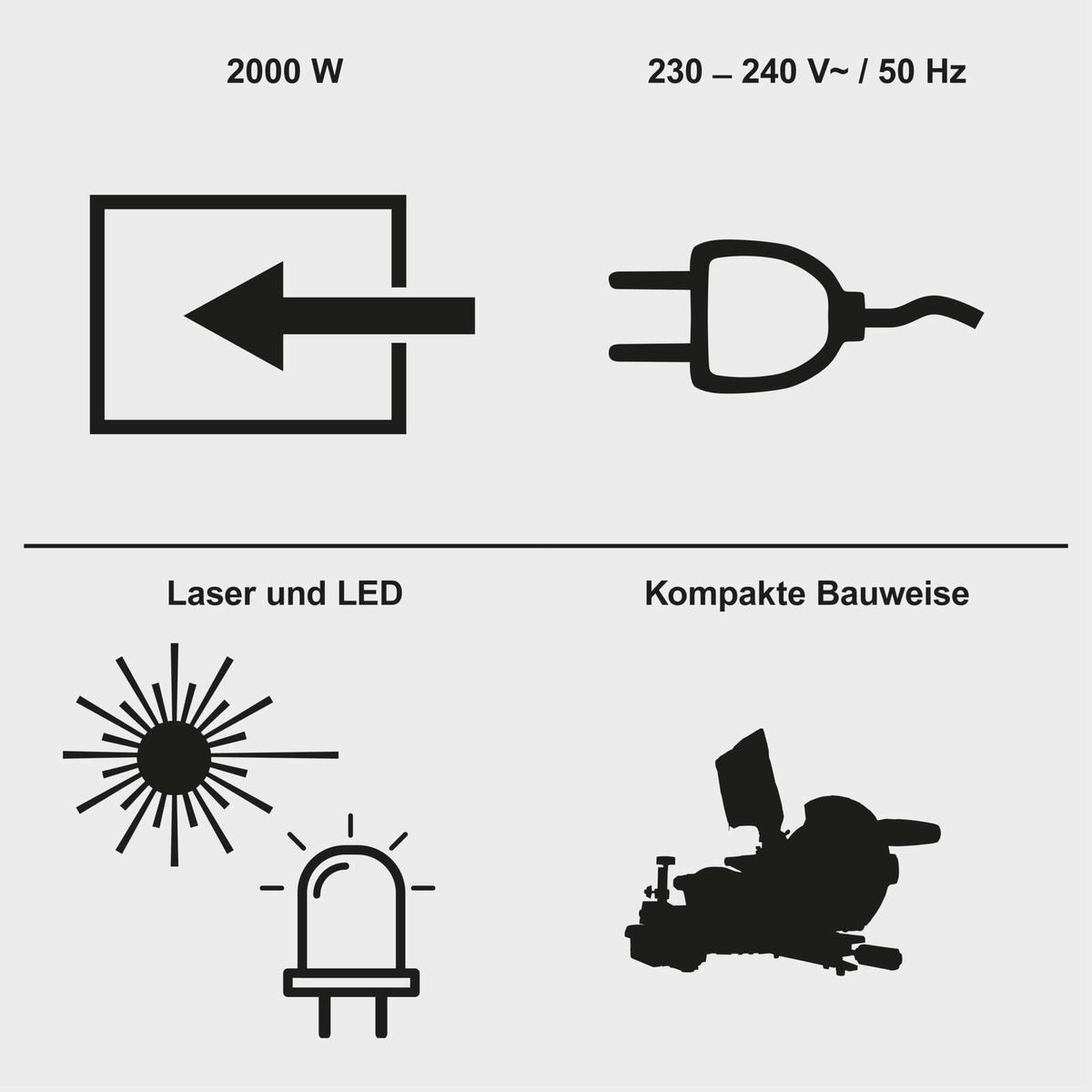 Technische Merkmale: 2000-Watt-Leistung, 230–240 V, 50 Hz; kompakte Bauweise mit Laser- und LED-Anleitung für präzise Schnitte