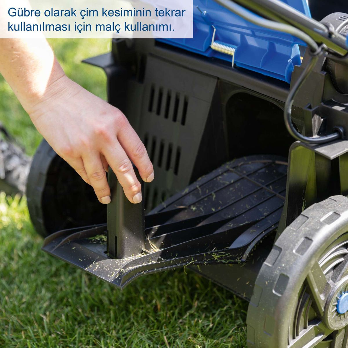 Der Akku-Rasenmäher BC-MP380-X von Scheppach ermöglicht die Wiederverwendung von Grasschnitt als Dünger. Ideal für nachhaltiges Rasenmähen.