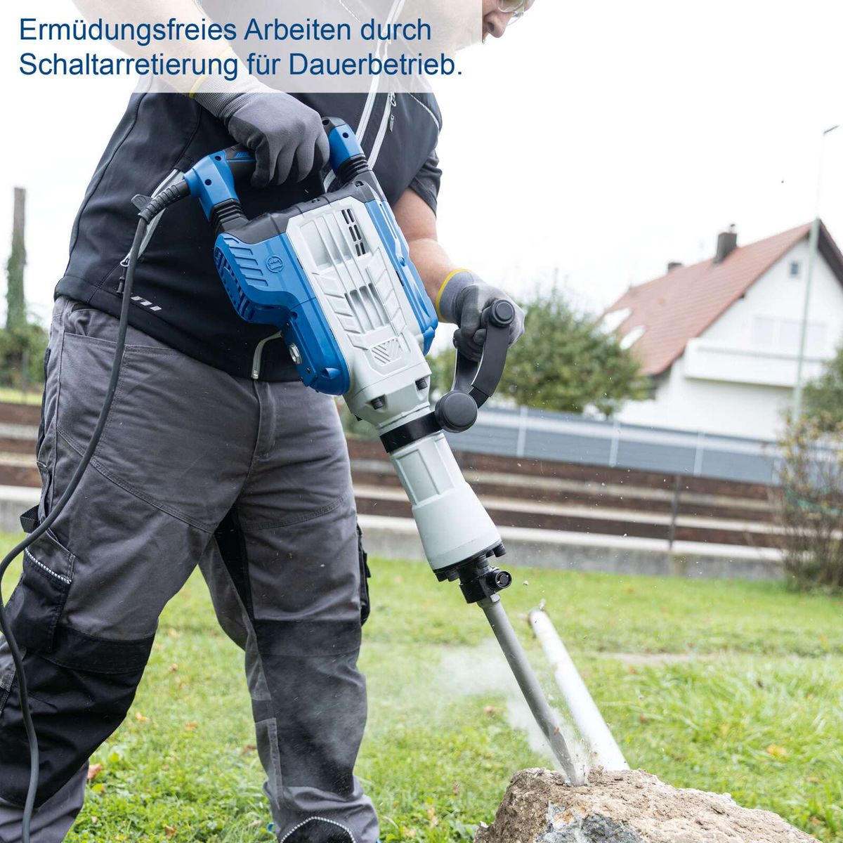 Scheppach-Abruchhammer mit Text 'ermüdungsfreies Arbeiten durch Schaltarretierung für Dauerbetrieb'