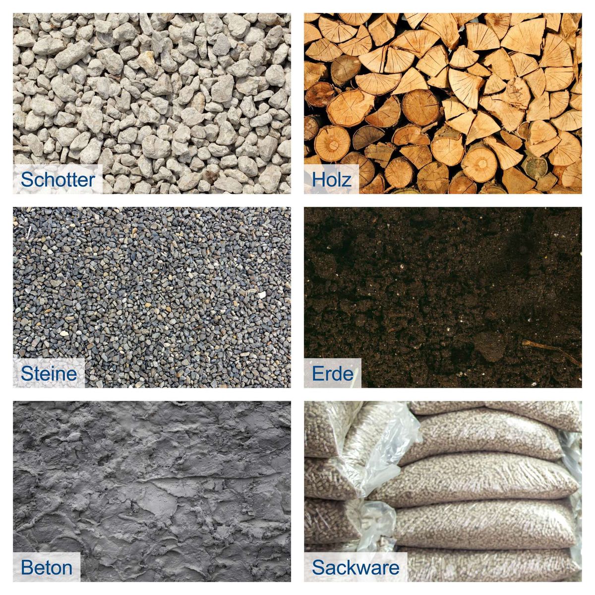 Das Bild zeigt verschiedene Materialien: Schotter, Holz, Steine, Erde, Beton und Sackware. Der Dumper DP3000 von Scheppach eignet sich ideal für den Transport dieser Materialien.