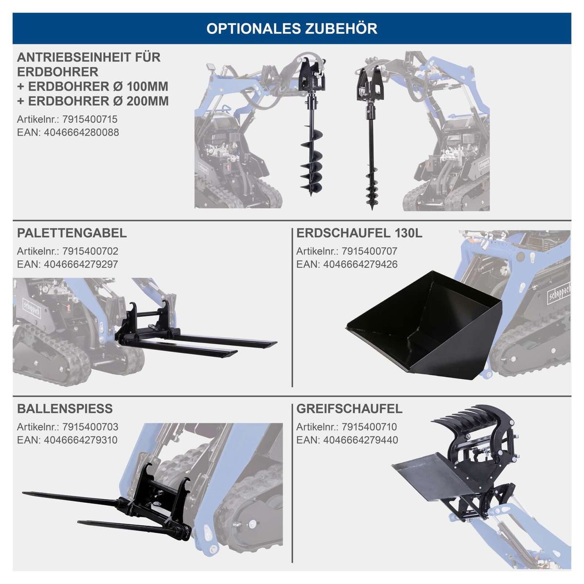 Optional Antriebseinheit mit Erdbohrern (100 mm und 200 mm) für Scheppach Kompaktlader