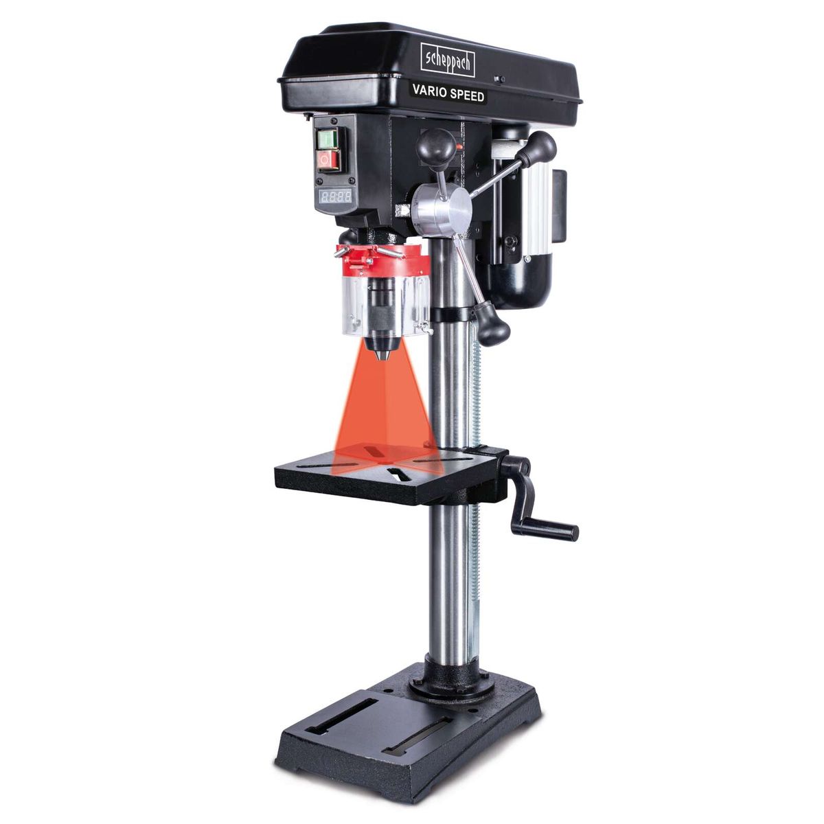 Tischbohrmaschine BTD19Vario-BE Scheppach mit 550W Leistung, 1,5mm -13 mm Spannfutter und Vario-Speed von 440 bis 2580 min-1, geeignet für Holz, Metall und Kunststoff. Die Maschine wird von der Seite gezeigt.