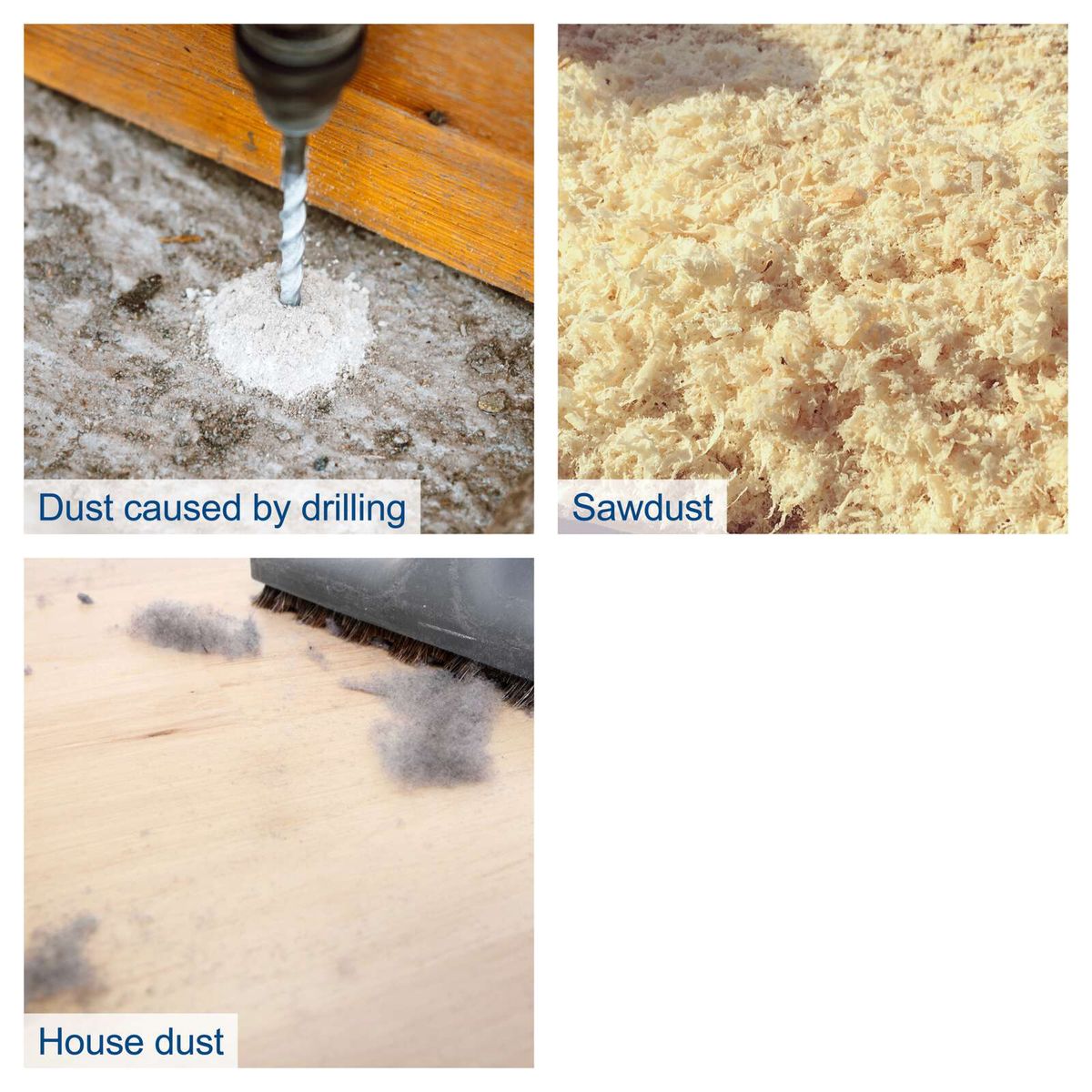 Types of dust shown: dust from drilling, sawdust, and general household dust