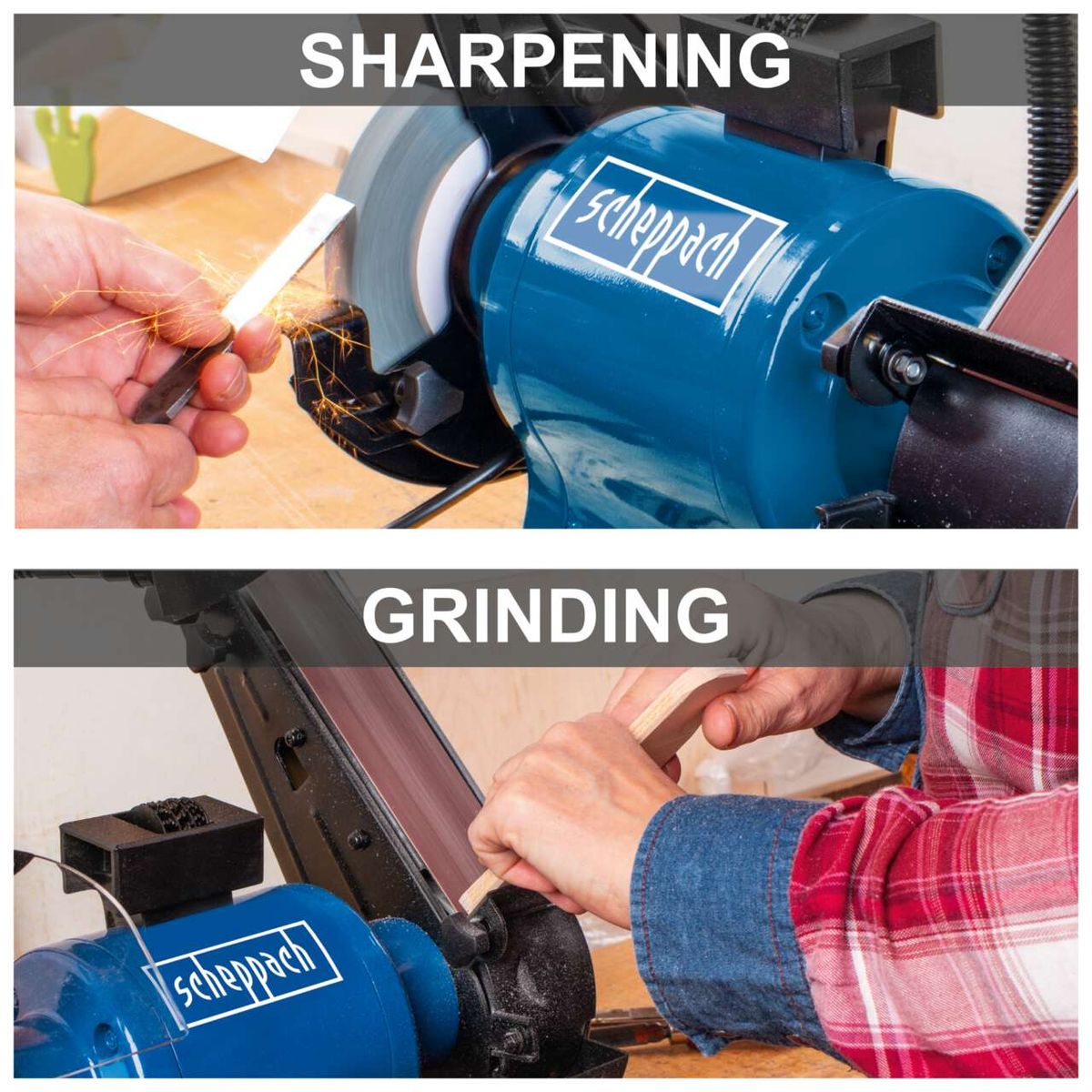 The Scheppach BGS700 combination grinder offers two functions: grinding and sharpening. The top wheel is suitable for sharpening, the bottom one for grinding.