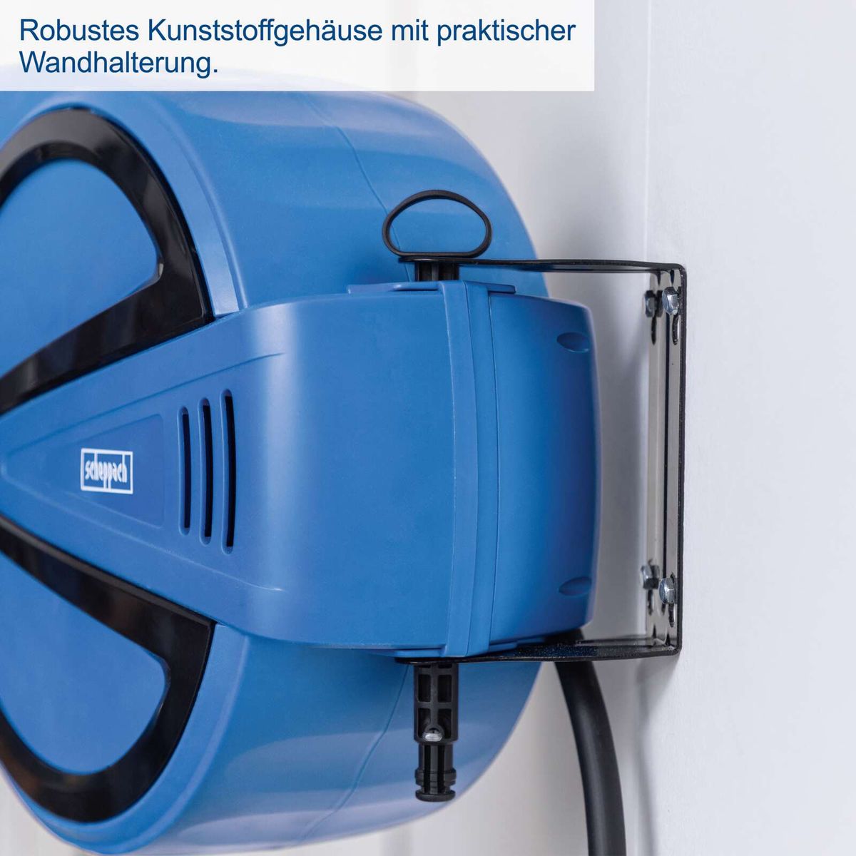 Robuster Kunststoffgehäuse mit praktischer Wandhalterung für tragbare pneumatische Schlauchrolle