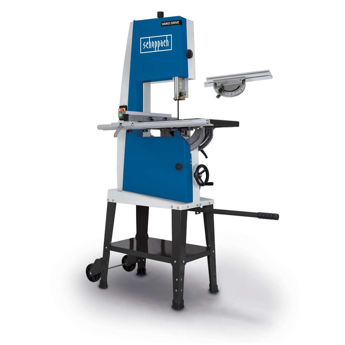 Bandsäge BASA3 von Scheppach mit Vario Drive. Wichtige Merkmale: 400V, 700W, maximale Durchlasshöhe 205 mm, Durchlassbreite 306 mm. Die Säge ist von der Seite gezeigt.