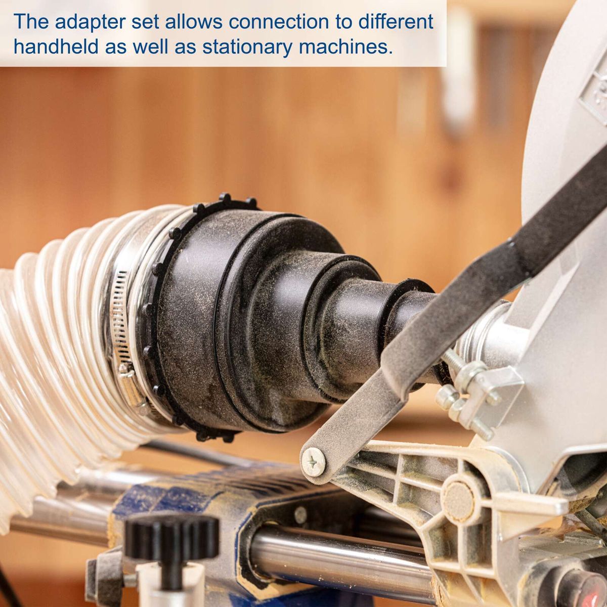 The adapter set allows connection to various handheld and stationary machines. The Scheppach DC500 dust extractor has a 75-litre capacity and an air flow rate of 1150 m³/h with 550 watts of power.