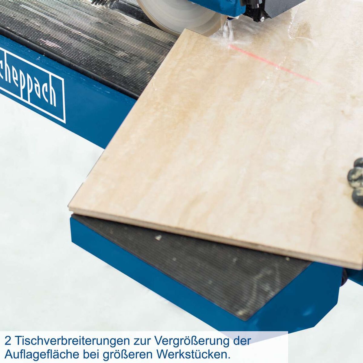 Der Fliesenschneider FS4700 von Scheppach verfügt über 2 Tischverbreiterungen zur Vergrößerung der Auflagefläche bei größeren Werkstücken.