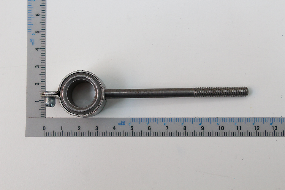 Lagerlasche mit Gewindestange, von oben fotografiert. Länge ca. 13 cm.