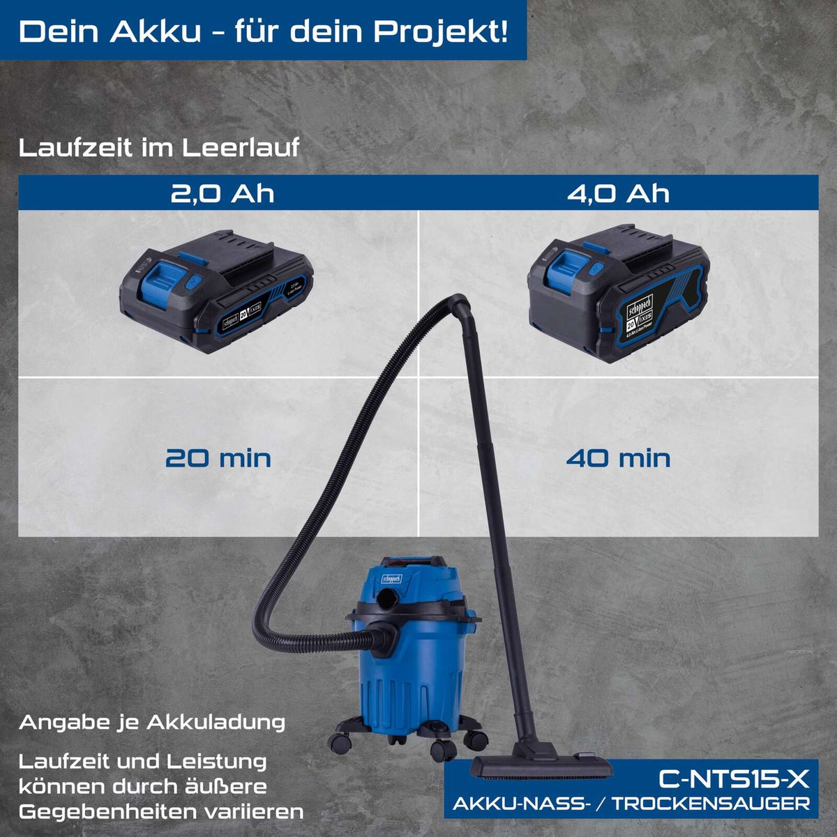 Vergleich der Akkulaufzeit für Scheppach Akku-Nass-/Trockensauger mit 2,0 Ah und 4,0 Ah Batterie