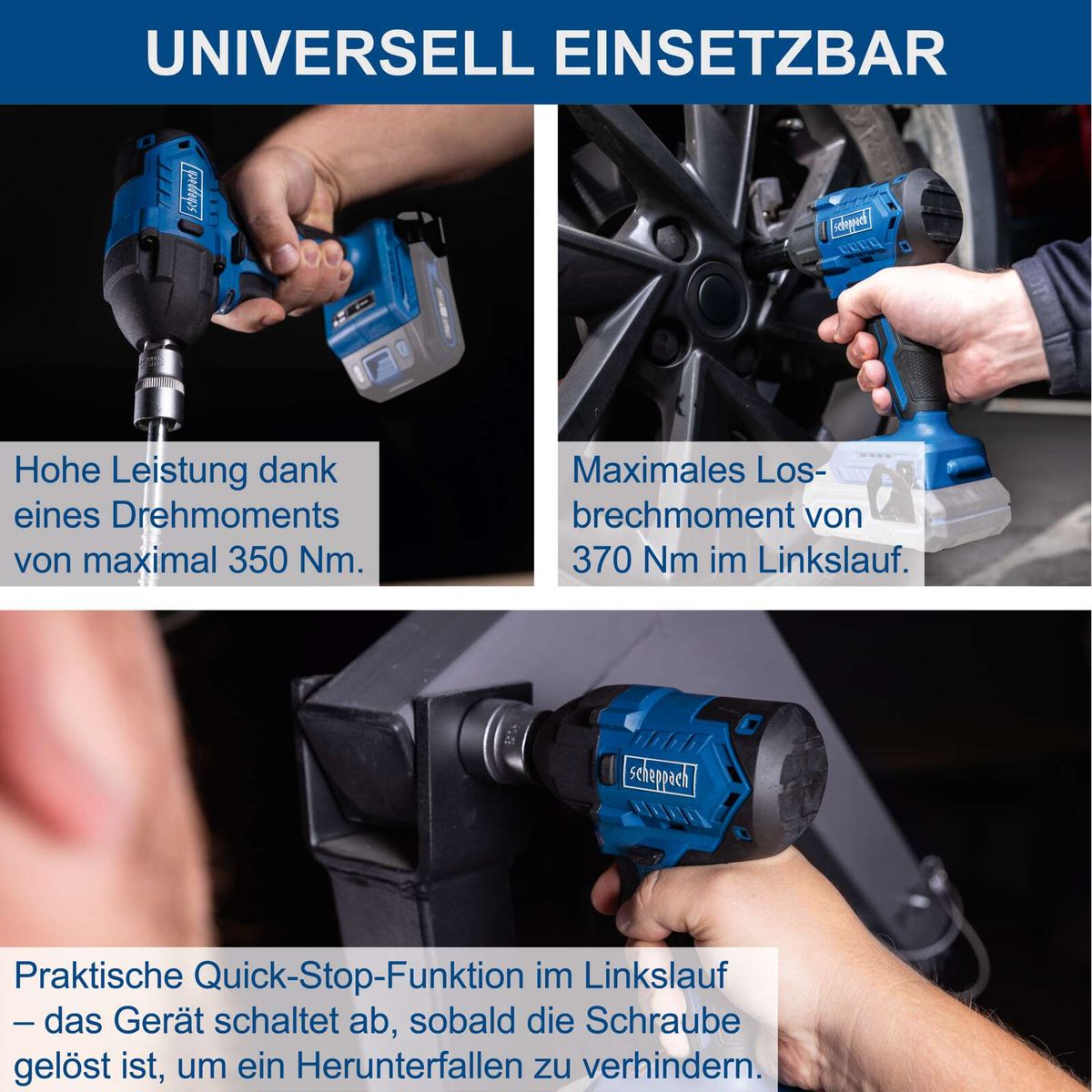 Scheppach Akku-Schlagschrauber mit hohen Drehmomenten (bis 350 Nm) und praktischer Quick-Stop-Funktion für präzise Arbeiten.
