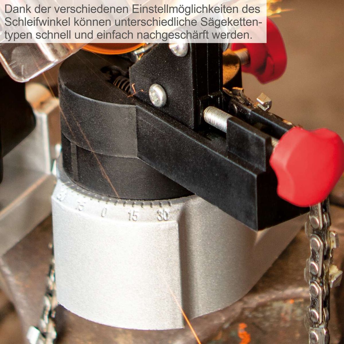 Der Scheppach Kettenschärfer KS1200 bietet verschiedene Einstellmöglichkeiten des Schleifwinkels, um unterschiedliche Sägeketten-Typen schnell und einfach nachzuschärfen.