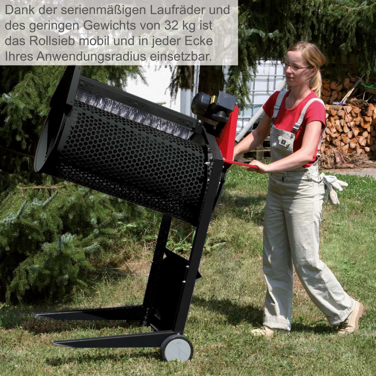 Das Rollsieb RS400 von Scheppach ist dank serienmäßigen Laufräder und des geringen Gewichts von 32 kg mobil und in jeder Ecke Ihres Anwendungsradius einsetzbar.