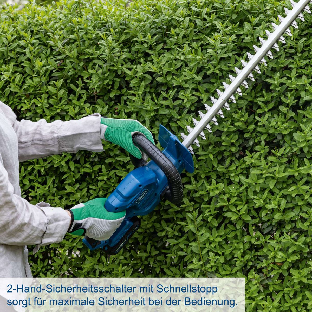 2-Hand-Sicherheitsschalter mit Schnellstopp für maximale Sicherheit beim Bedienen einer Akku-Heckenschere