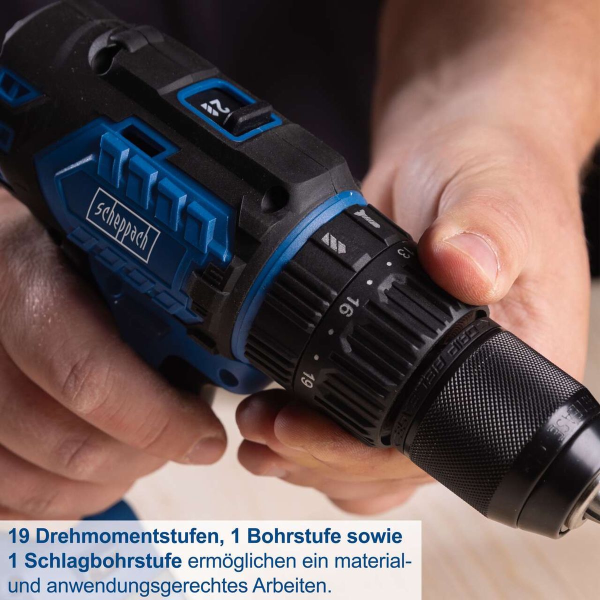 Die Akku-Schlagbohrmaschine BC-CD60-X von Scheppach bietet 19 Drehmomentstufen, 1 Bohrstufe und 1 Schlagbohrstufe für material- und anwendungsgerechtes Arbeiten.