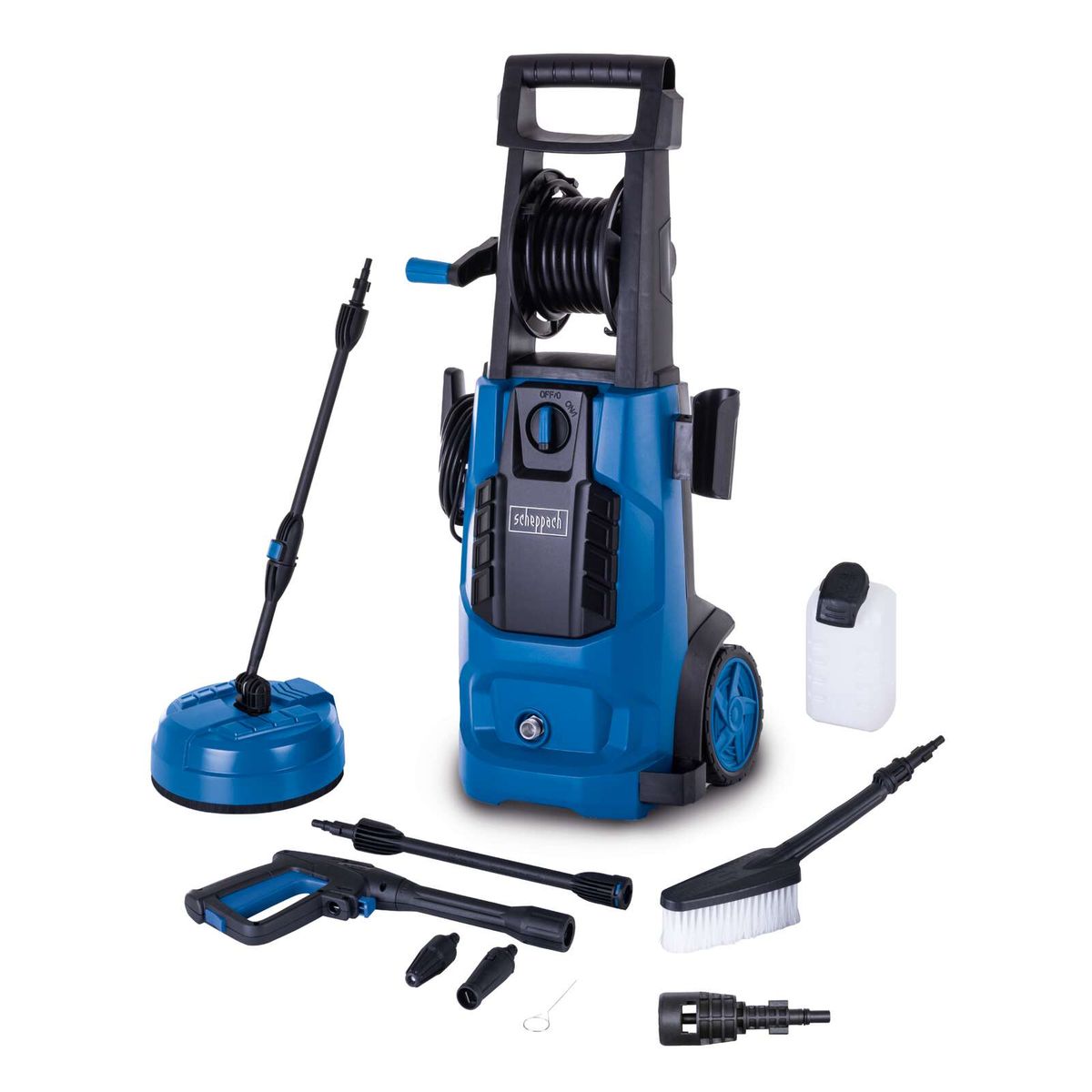 Hochdruckreiniger HCE2600x Scheppach mit 180 bar, 2400W, 480 L/h, 5m Schlauchtrommel und 8-teiligem Zubehörset. Enthält Terrassenreiniger, verschiedene Düsen und Bürstenaufsatz.